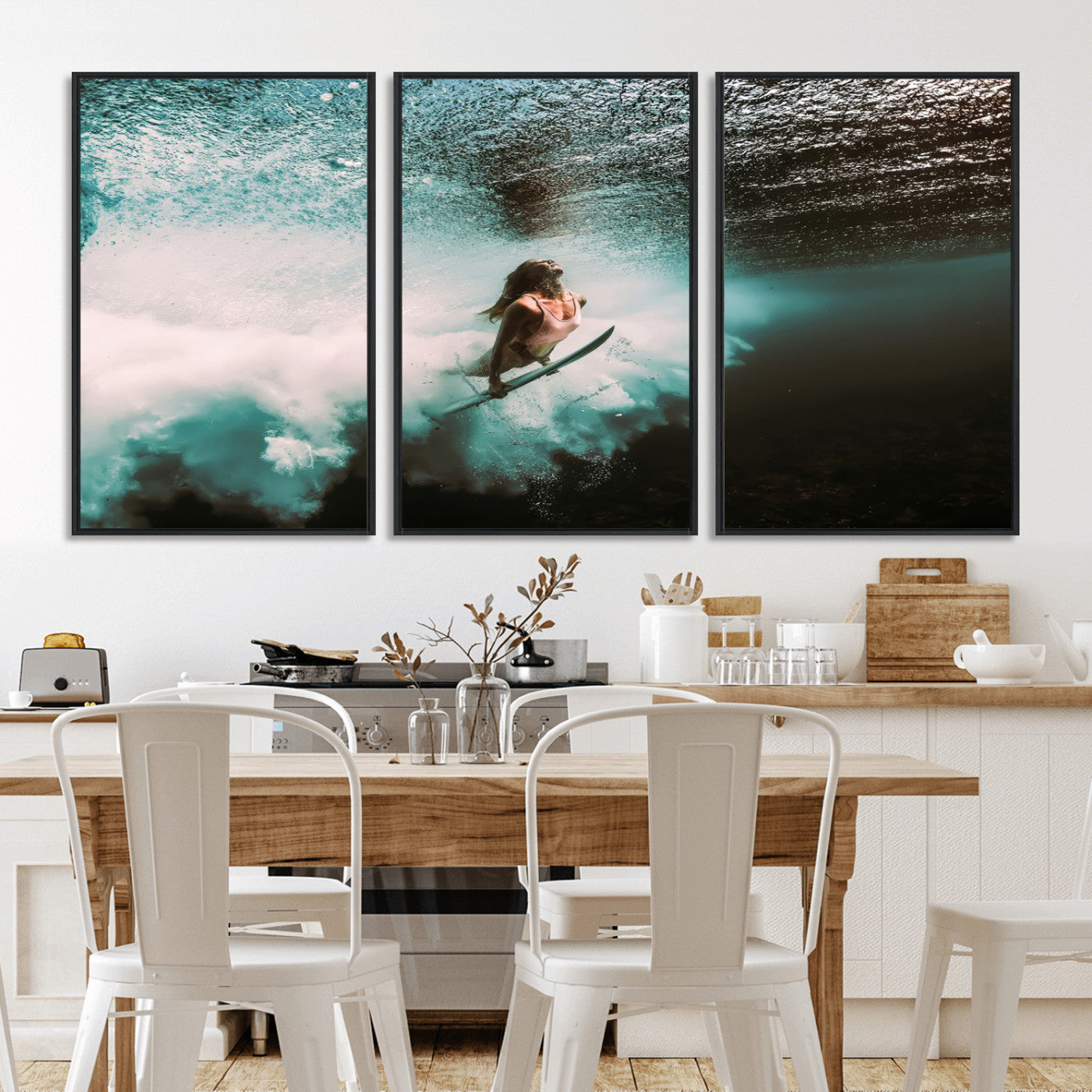 85923512-MGV-FC-60X30-3P_Black-Aquatic Motion Wall Art Canvas Print, Framed Underwater Swimming Art Picture Print, Female Surfer Diving Perfect Coastal Boho