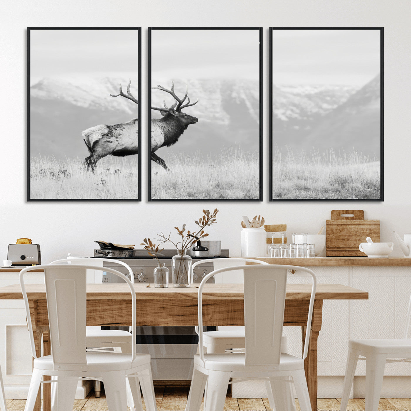 62278753-MGV-CV-36X24-Monochrome Elk Wall Art Canvas Print, Framed Mountain Wildlife Art Picture Print, Rustic Nature Perfect Rustic Minimalist Decor