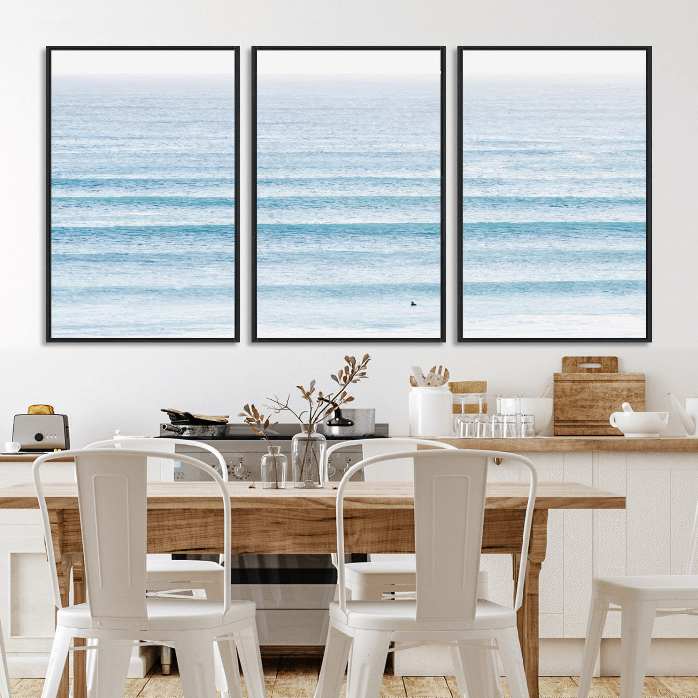 77145995-MGV-CV-36X24-Ocean Simplicity Wall Art Canvas Print, Framed Surfer on Water Art Picture Print, Light Blue Perfect Coastal Minimalist Decor
