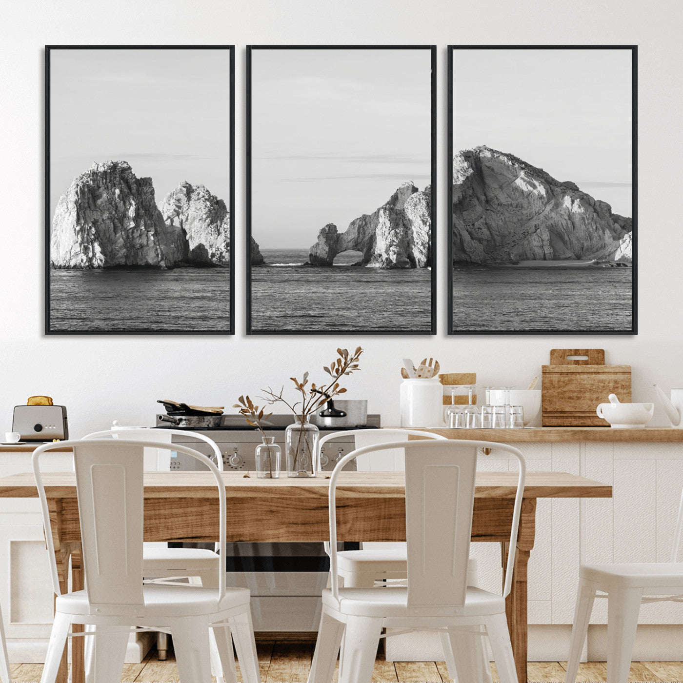 18810731-MGV-CV-36X24-Rugged Coastline Wall Art Canvas Print, Framed Ocean Cliffs Art Picture Print, Monochrome Seascape Perfect Coastal Minimalist