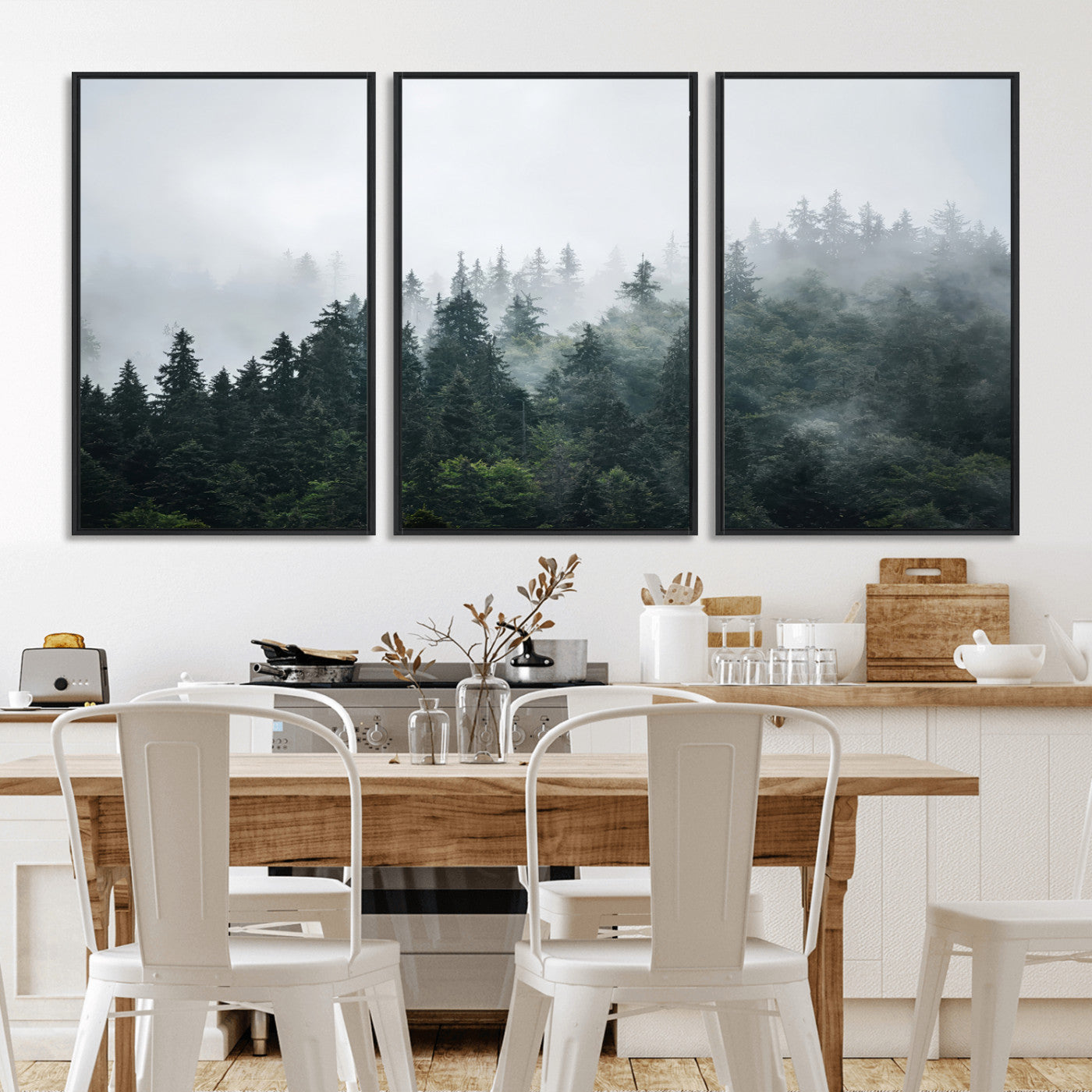84146572-MGV-FC-60X30-3P_Black-Foggy Pine Trees Wall Art Canvas Print, Framed Forest Nature Art Picture Print, Evergreen Forest Perfect Scandinavian Minimalist