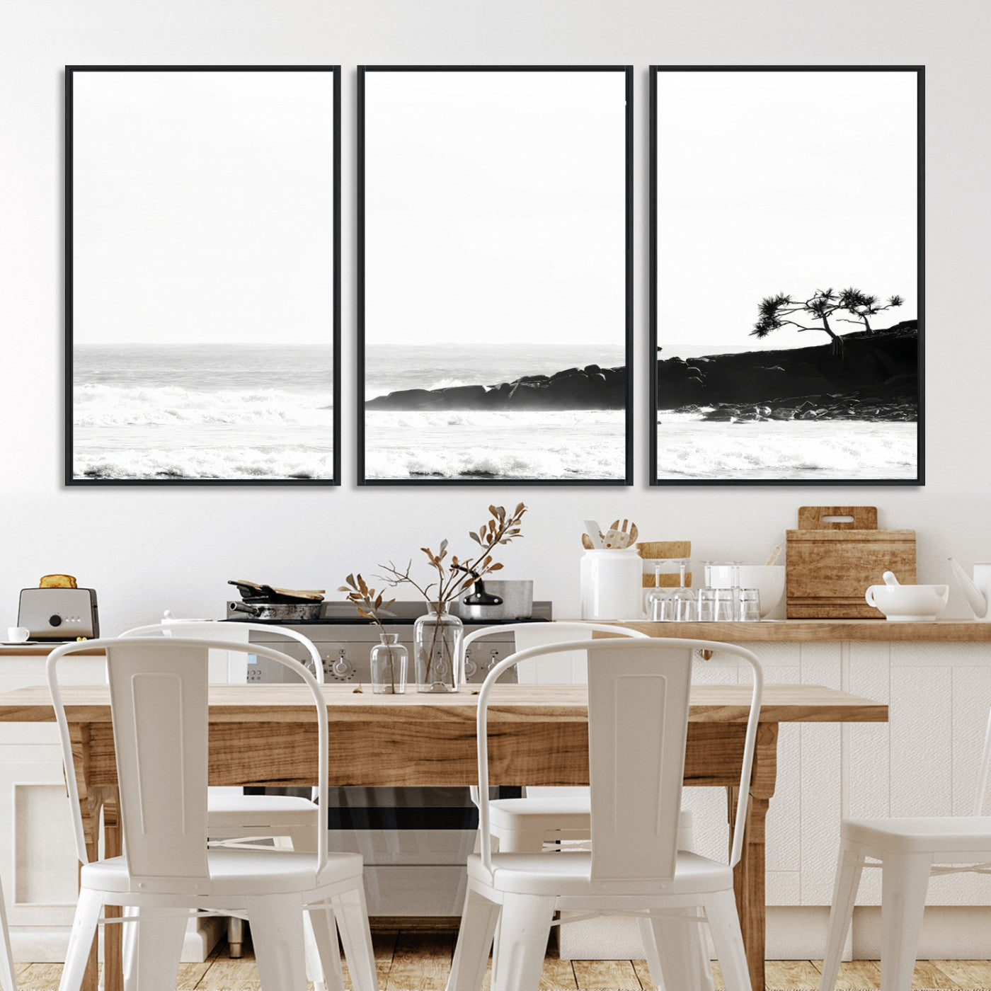 40875891-MGV-FC-60X30-3P_Black-SurferCliffs Wall Art Canvas Print, Framed Black White Beach Art Picture Print, Ocean Waves Perfect Minimalist Coastal Decor