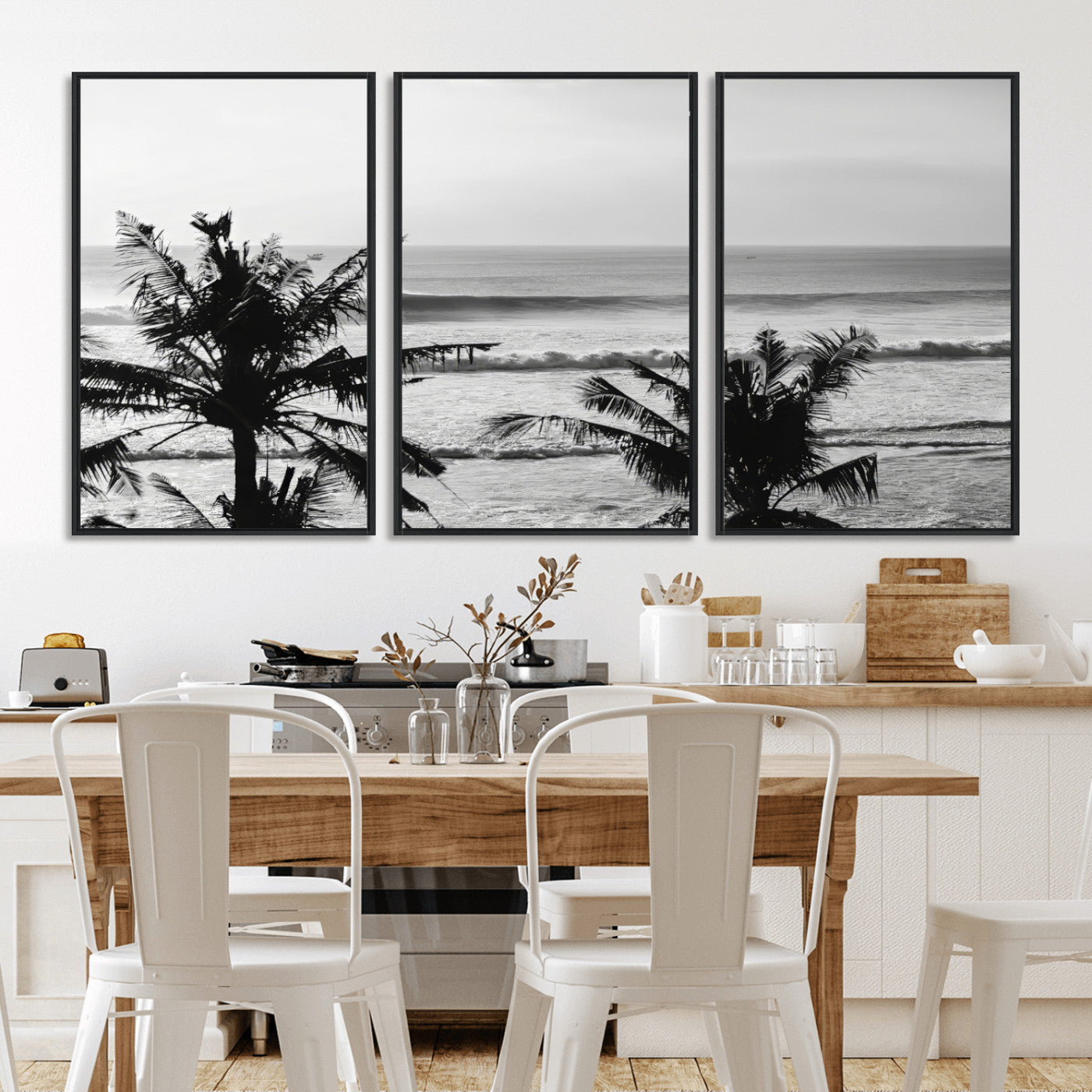 17508038-MGV-FC-60X30-3P_Black-Tropical Coastline Wall Art Canvas Print, Framed Palm Trees Art Picture Print, Ocean Waves Perfect Minimalist Coastal Decor