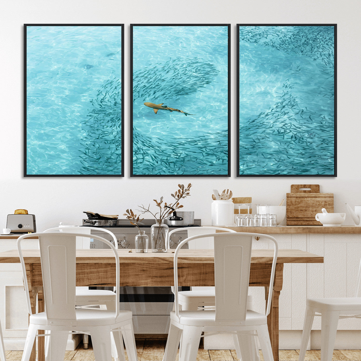 43671474-MGV-FC-60X30-3P_Black-Fish Swarm Wall Art Canvas Print, Framed Marine Life Art Picture Print, Shark Aerial Perfect Wildlife Coastal Decor Artwork