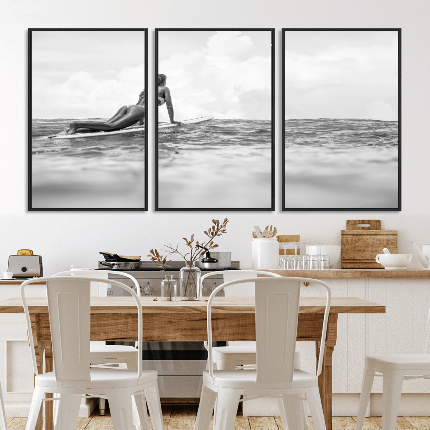 69798068-MGV-CV-36X24-Black White Surfing Wall Art Canvas Print, Framed Ocean Horizon Art Picture Print, Surfer Girl Perfect Coastal Adventure Decor