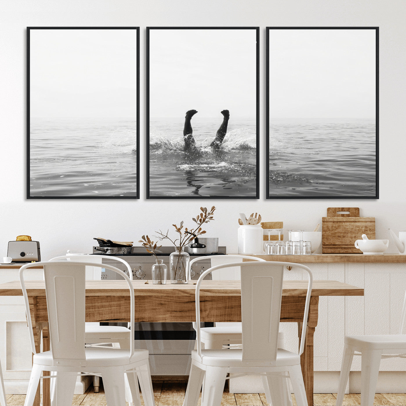 26667396-MGV-CV-36X24-Black White Ocean Wall Art Canvas Print, Framed Monochrome Water Art Picture Print, Diving into Water Perfect Minimalist Aquatic