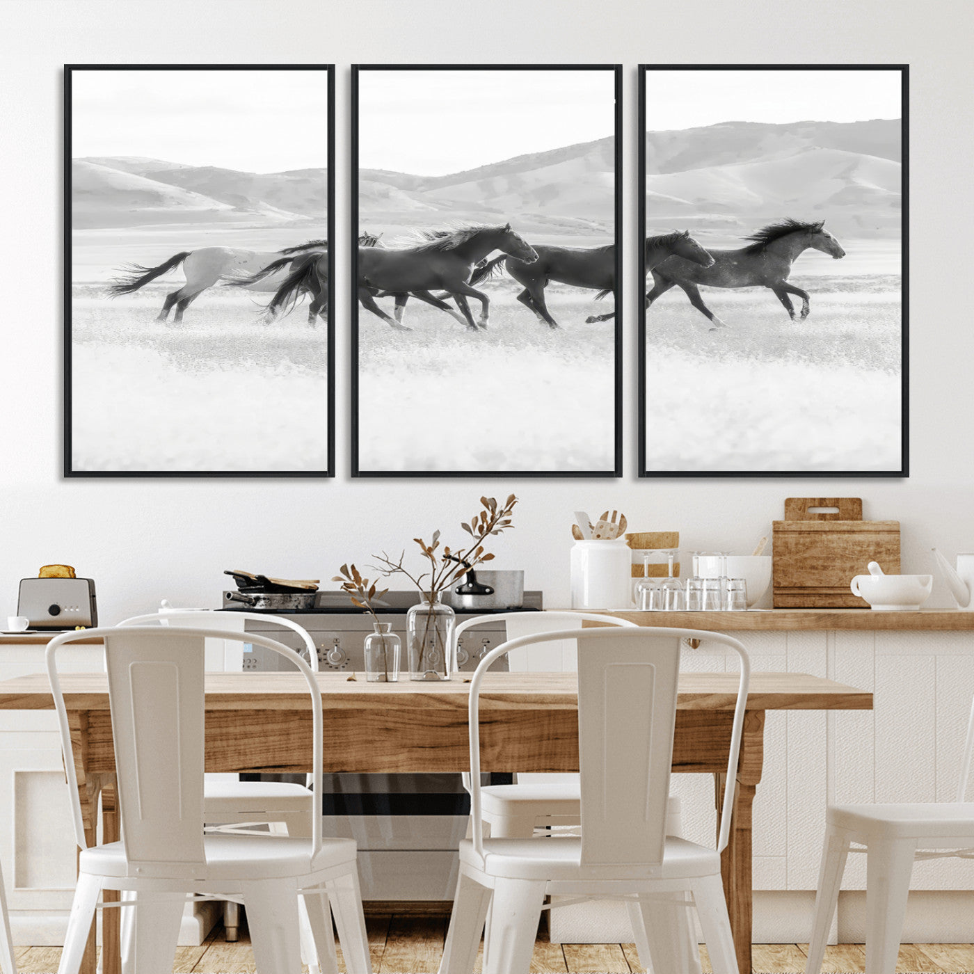 69934913-MGV-FC-60X30-3P_Black-Wild Horses Running Wall Art Canvas Print, Framed Black White Mustangs Art Picture Print, Rustic Western Perfect Rustic Western