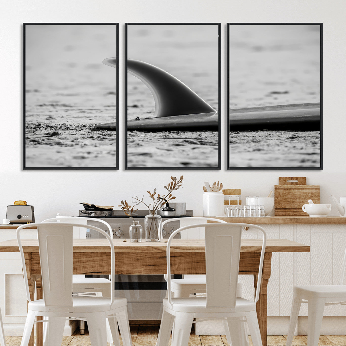 62314230-MGV-CV-36X24-Black White Surfboard Wall Art Canvas Print, Framed Minimalist Beach Art Picture Print, Surf Fin Perfect Minimalist Coastal Decor