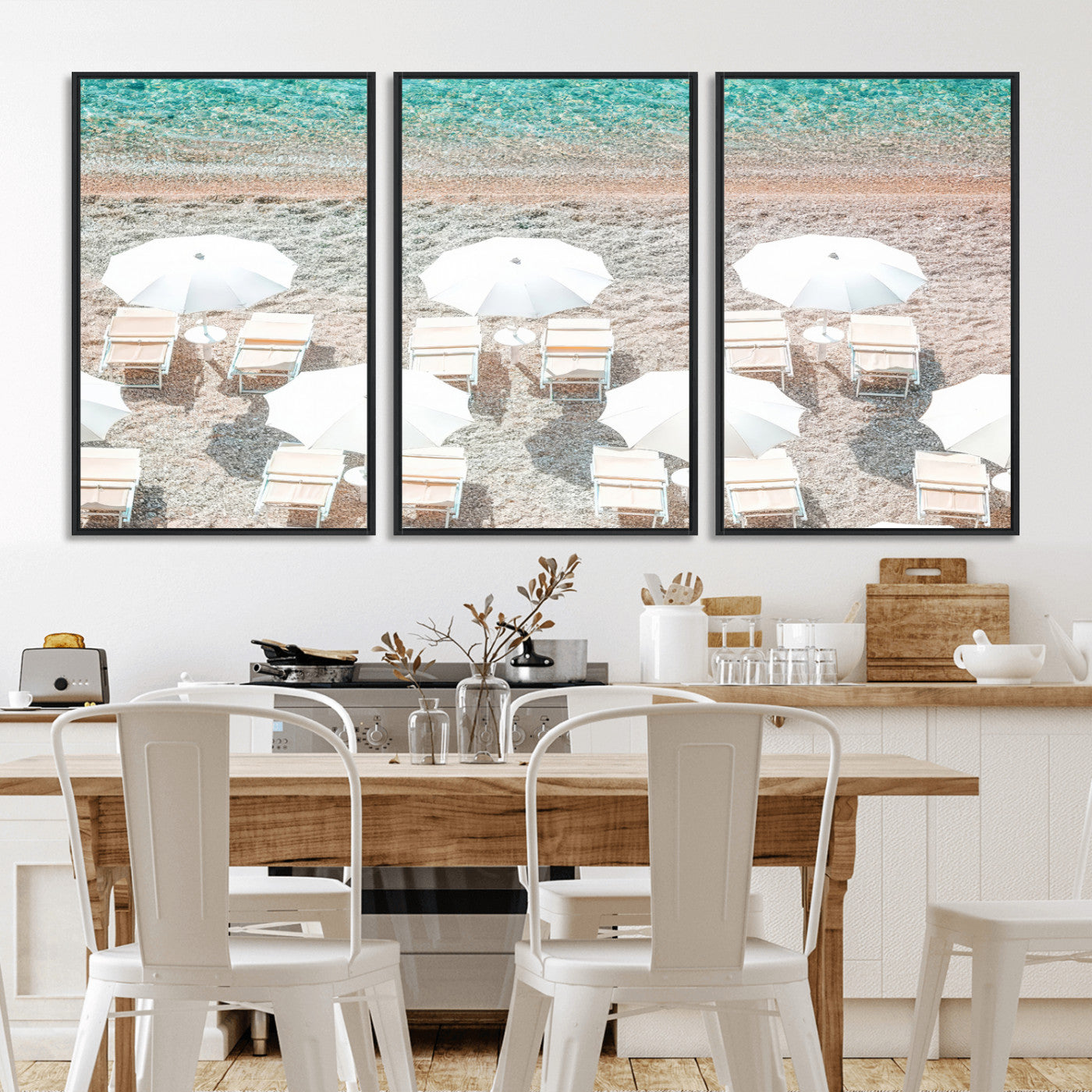83736167-MGV-FC-60X30-3P_Black-Calm Beach Wall Art Canvas Print, Framed Turquoise Water Art Picture Print, Umbrella Shoreline Perfect Coastal Minimalist Decor