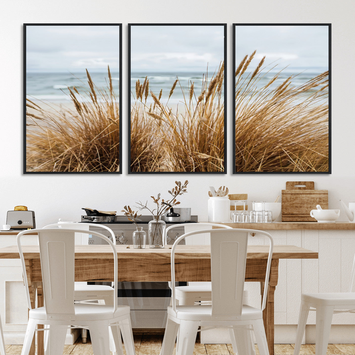 14270839-MGV-FC-60X30-3P_Black-Beach Grass Wall Art Canvas Print, Framed Coastal Dunes Art Picture Print, Dune Grass Perfect Coastal Minimalist Decor Artwork