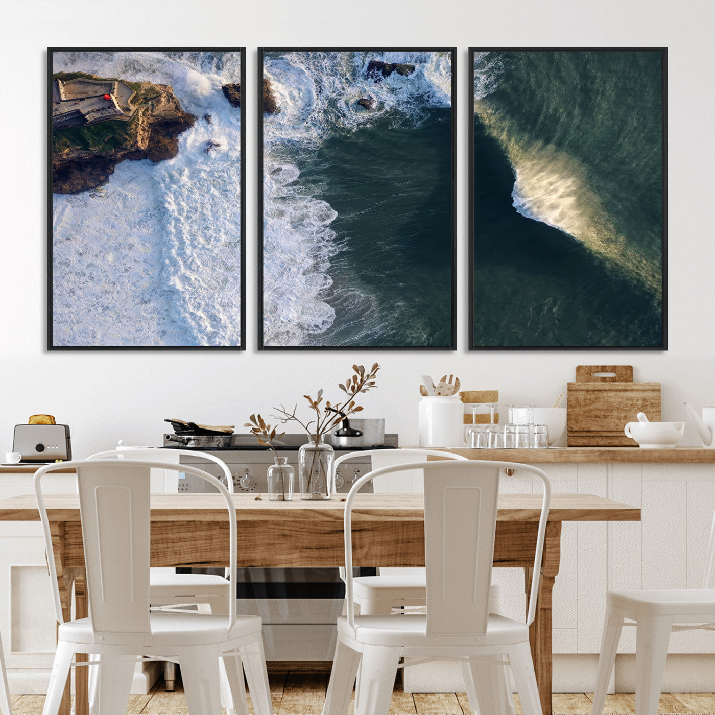 37405684-MGV-FC-60X30-3P_Black-Nazare Coast Wall Art Canvas Print, Framed Aerial Ocean Art Picture Print, Coastal Fortress Perfect Dramatic Coastal Decor Artwork