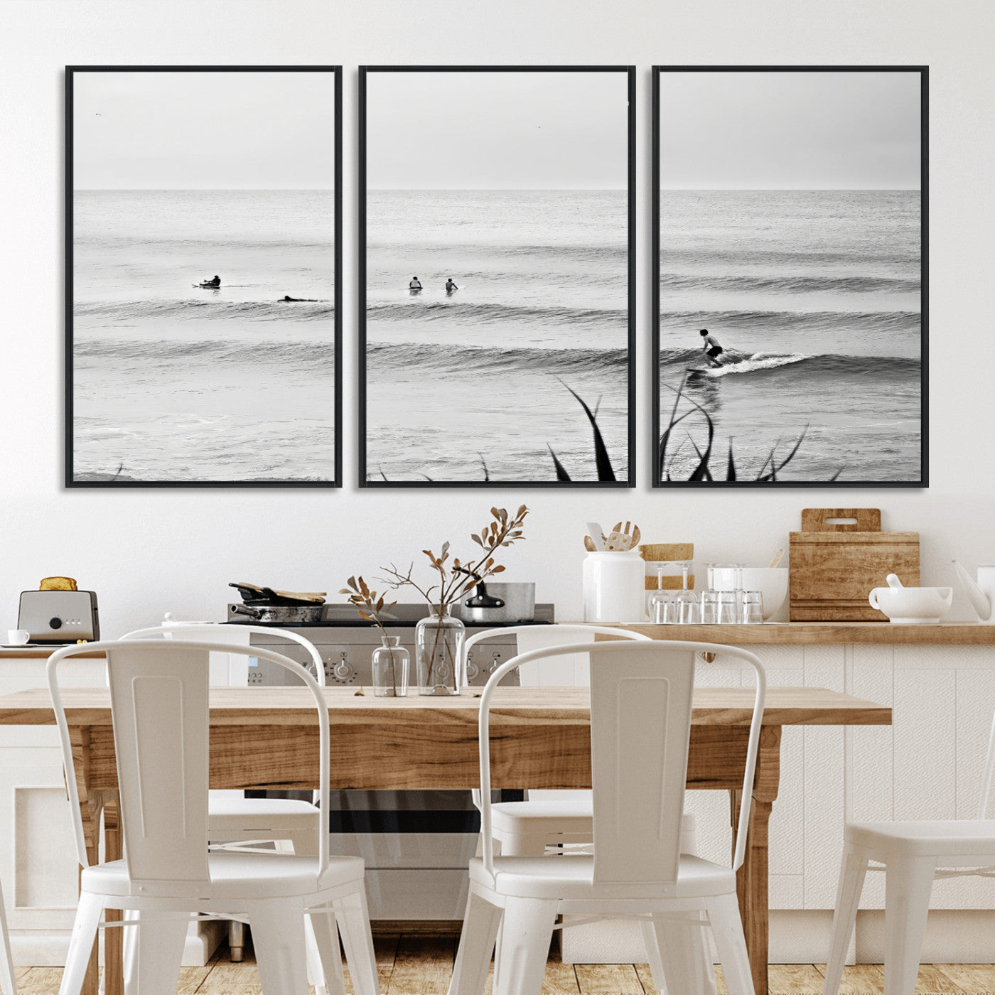 33821421-MGV-FC-60X30-3P_Black-Surfer Silhouette Wall Art Canvas Print, Framed Calm Ocean Art Picture Print, Monochrome Surf Perfect Minimalist Coastal Decor