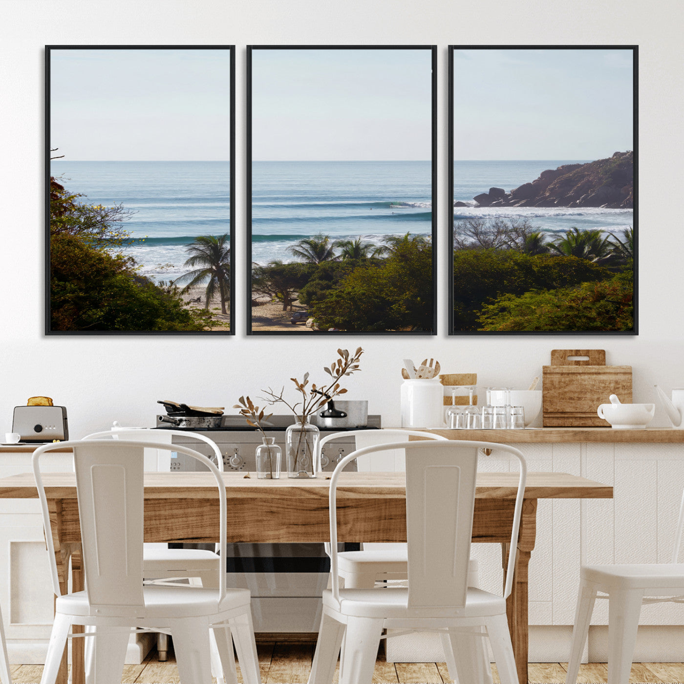 88336640-MGV-FC-60X30-3P_Black-Tropical Beach Scene Wall Art Canvas Print, Framed Coastal Photography Art Picture Print, Ocean Horizon Art Perfect Coastal Boho