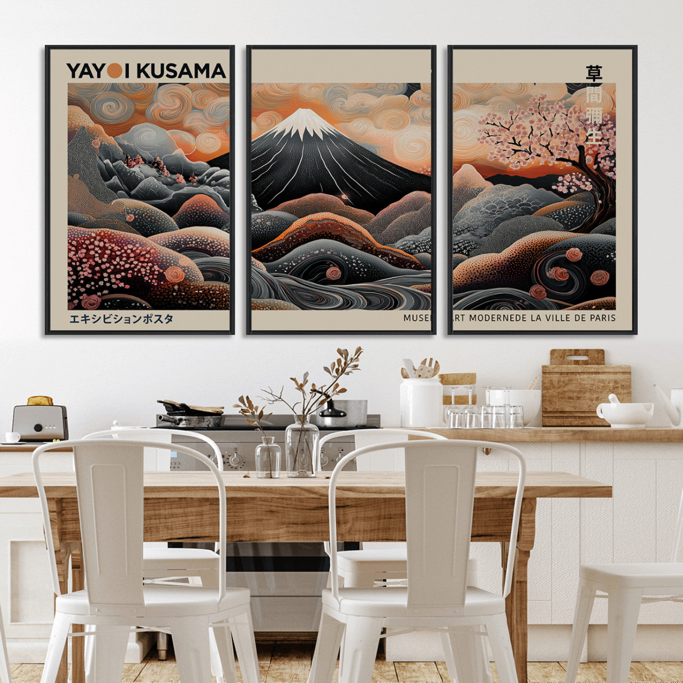 55739266-MGV-CV-36X24-Japanese Wall Art Print – Abstract Yayoi Kusama Inspired Dotted Landscape Poster, Surreal Oriental Mountain and Cherry Blossom