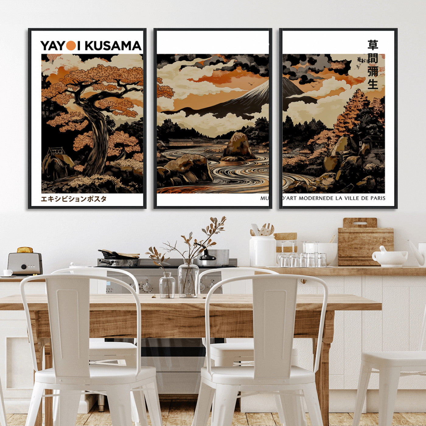 96372548-MGV-CV-36X24-Japanese Landscape Wall Art Print – Mt. Fuji Poster with Bonsai Tree & River, Ukiyo-e Inspired Modern Japanese Artwork, Autumn