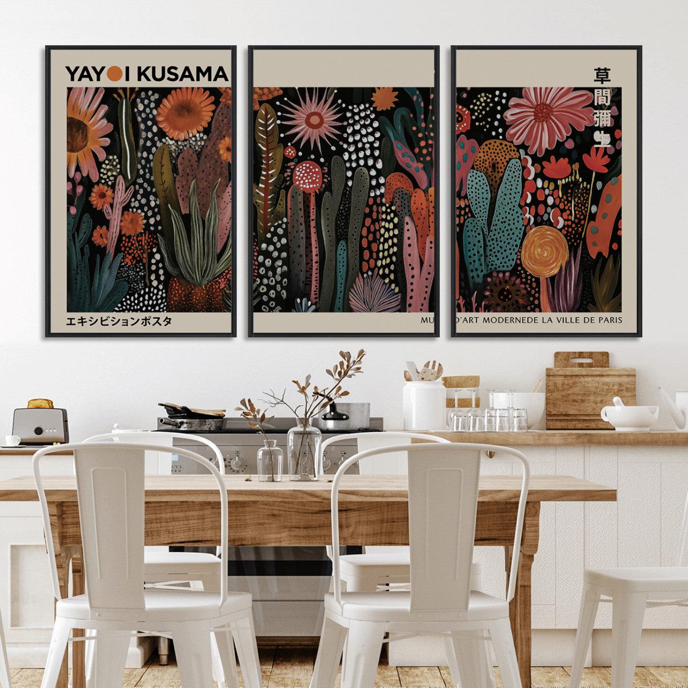 28344895-MGV-FC-60X30-3P_Black-Dark Floral Abstract Wall Art Poster – Modern Botanical Canvas Print with Beige Border, Kusama Inspired Boho Flower Painting,