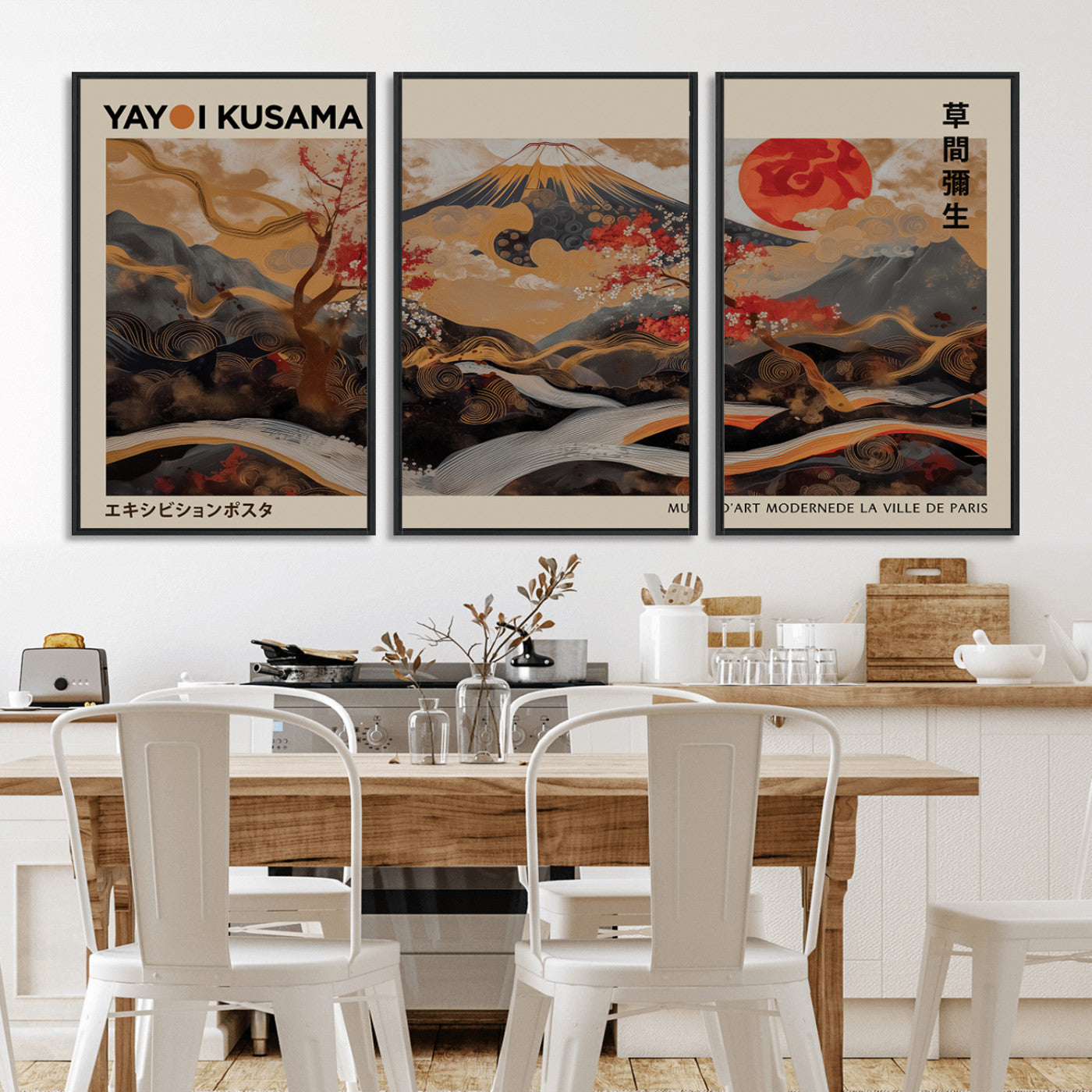 77970791-MGV-CV-36X24-Mount Fuji Golden Abstract Wall Art – Japanese Landscape Canvas Poster, Cherry Blossom & Red Sun Painting, Elegant Zen Oriental