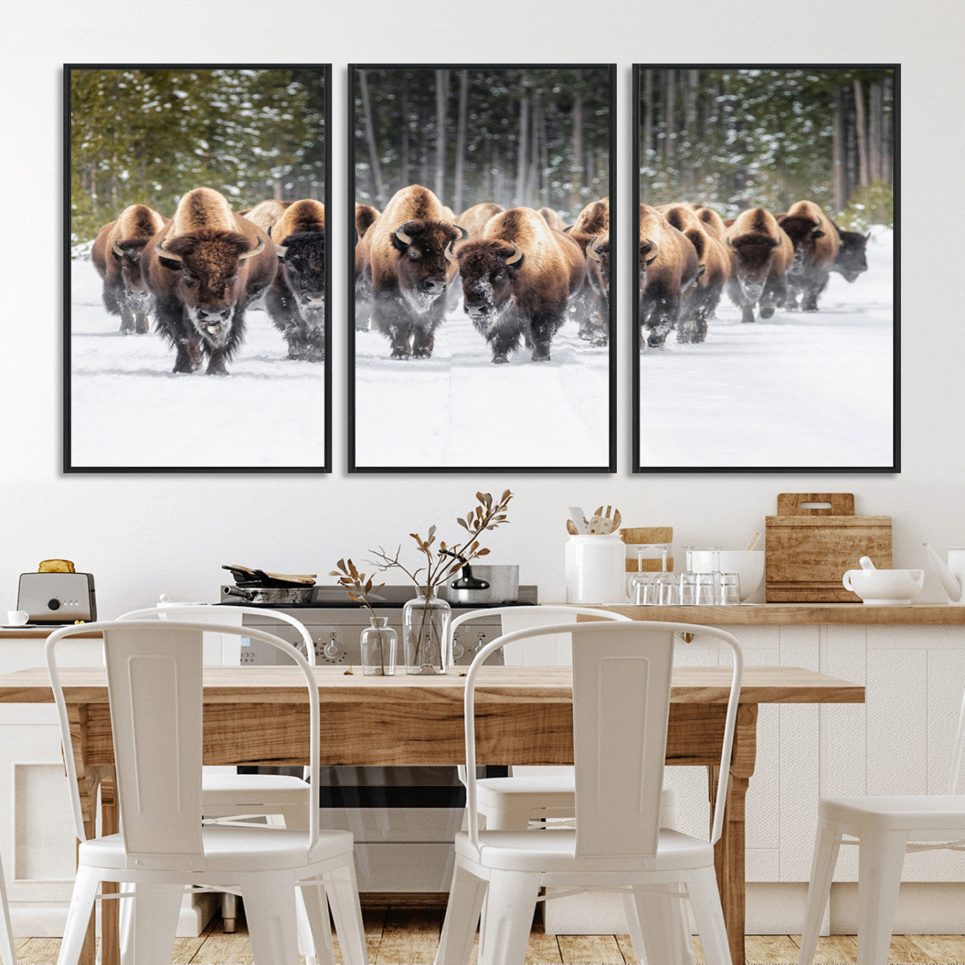 22695857-MGV-FC-60X30-3P_Black-Bison Herd Scene Wall Art Canvas Print, Framed Western Wildlife Art Picture Print, Rustic Animal Art Perfect Rustic Lodge Decor