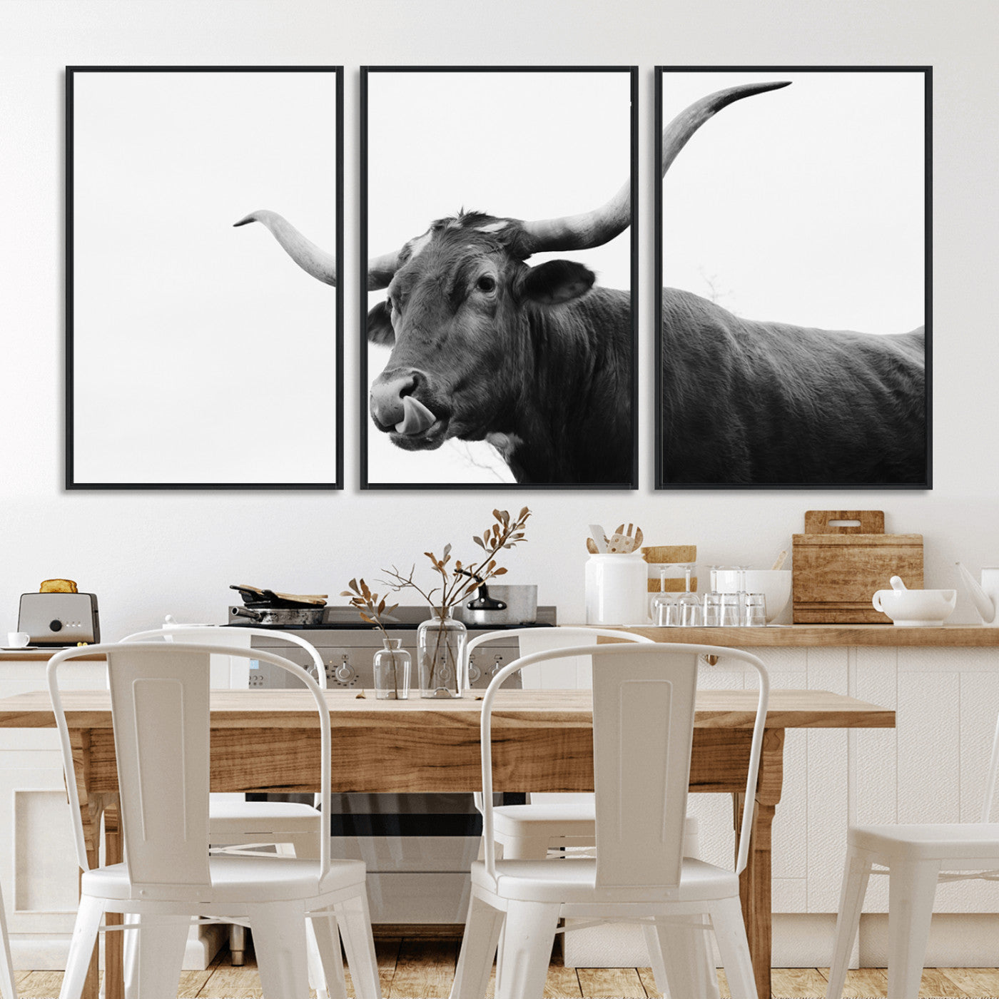 99244177-MGV-CV-36X24-Longhorn Photography Wall Art Canvas Print, Framed Western Cow Decor Art Picture Print, Black White Bull Perfect Modern Rustic