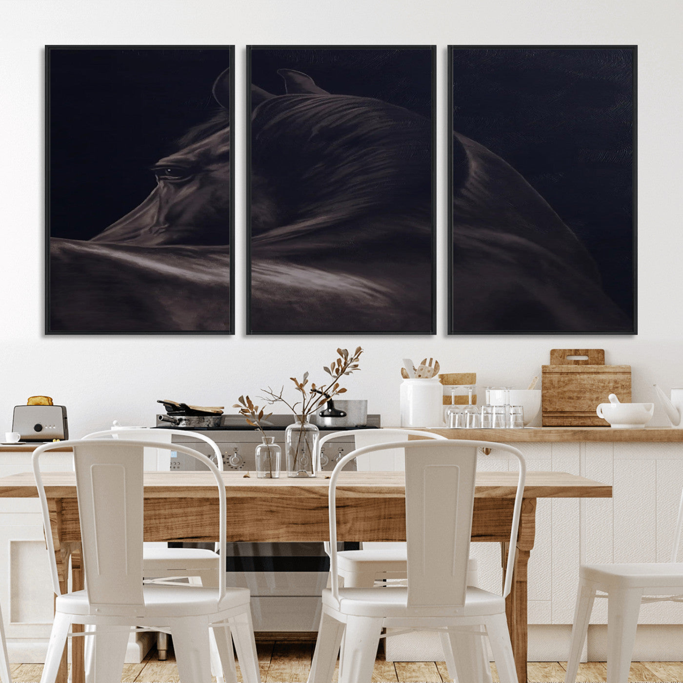 67026880-MGV-FC-60X30-3P_Black-Black Horse Portrait Wall Art Canvas Print, Framed Moody Horse Decor Art Picture Print, Equestrian Wall Style Perfect Masculine