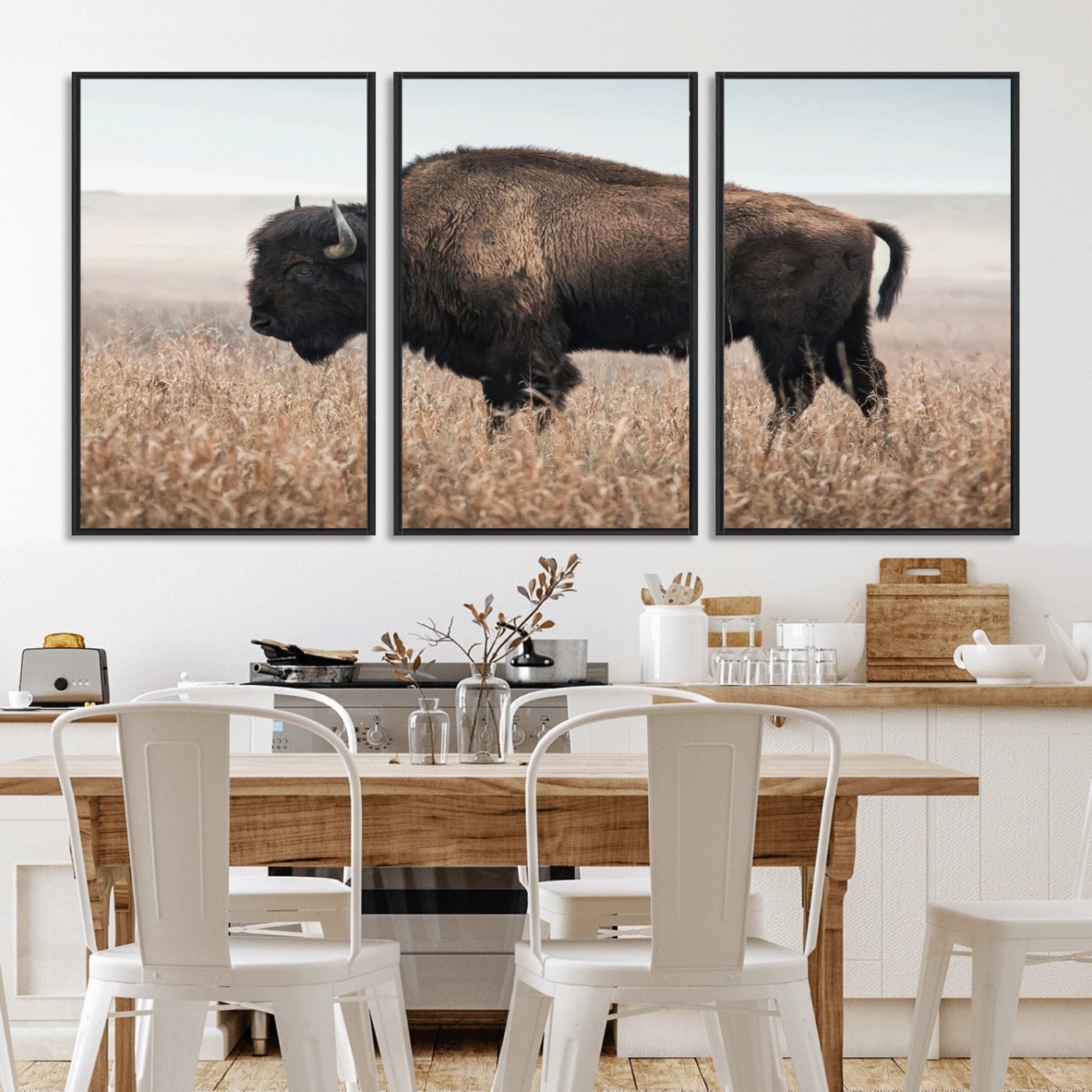 34451925-MGV-FC-60X30-3P_Black-Rustic Bison Decor Wall Art Canvas Print, Framed Buffalo Home Accent Art Picture Print, Prairie Wildlife Scene Perfect Western