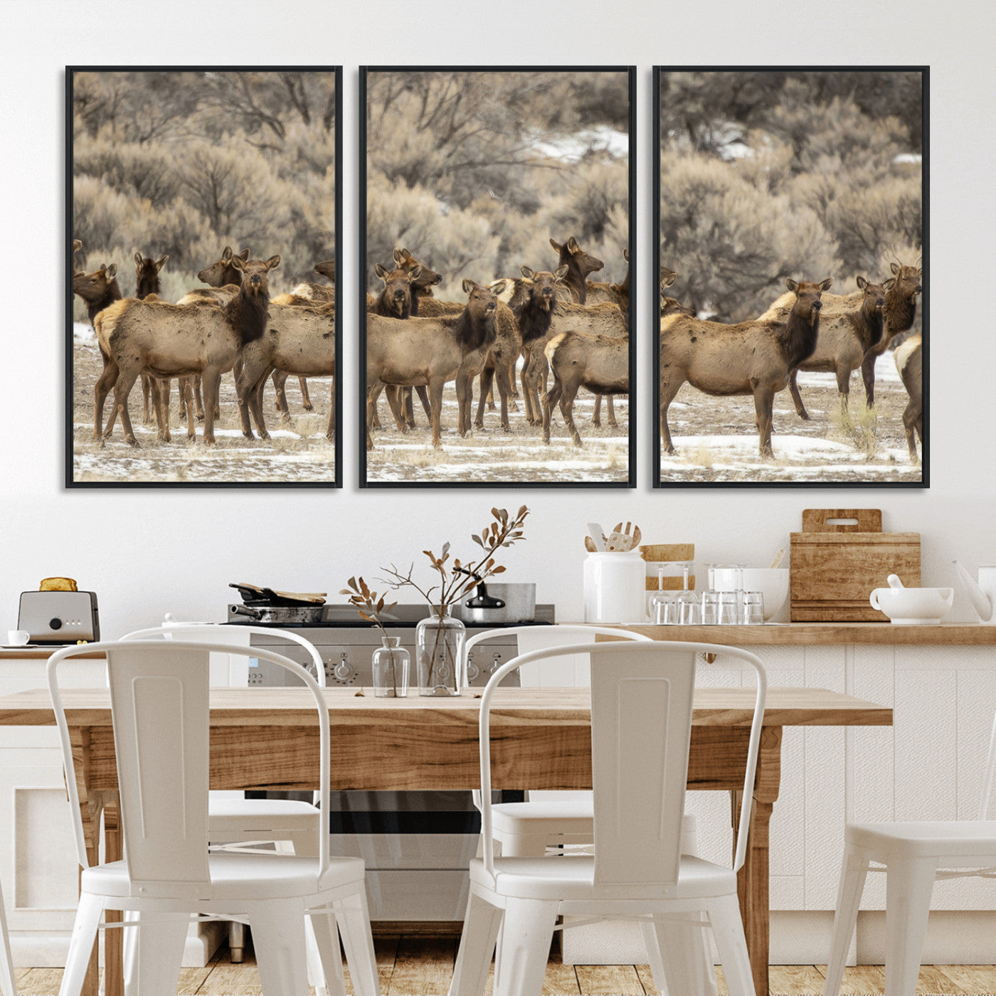 90269422-MGV-FC-60X30-3P_Black-Elk Herd Scene Wall Art Canvas Print, Framed Rustic Wildlife Decor Art Picture Print, Western Cabin Style Perfect Rustic Lodge