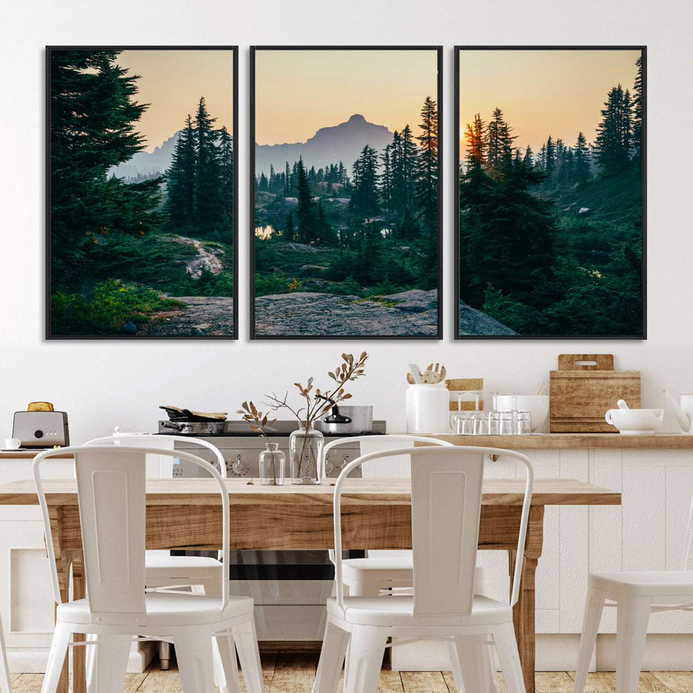 66397982-MGV-FC-60X30-3P_Black-Mountain Landscape Wall Art Canvas Print, Framed Forest Serenity Art Picture Print, Mountain Landscape Perfect Rustic Wilderness