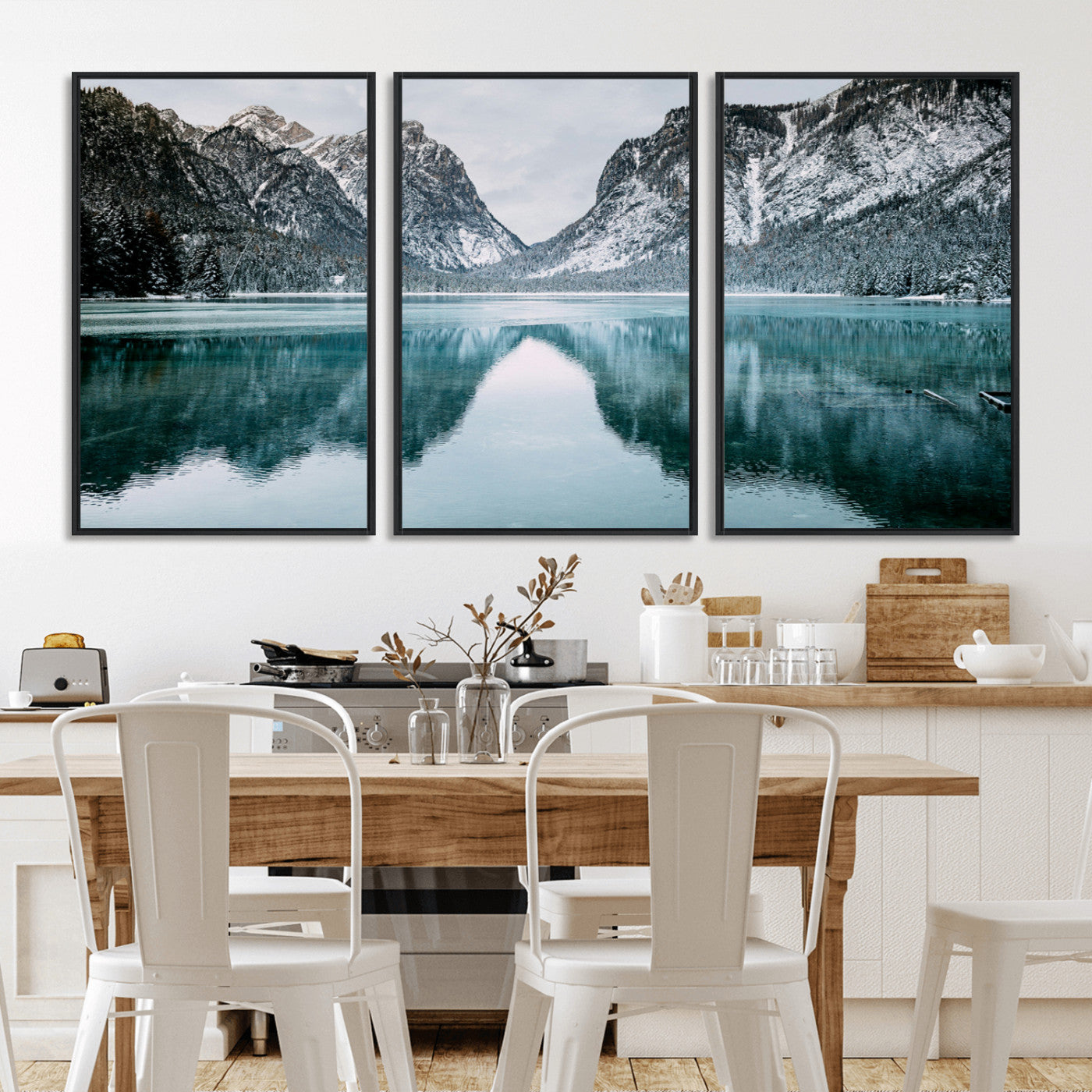 73098373-MGV-CV-36X24-Mountain Lake Wall Art Canvas Print, Framed Winter Wonderland Art Picture Print, Snowy Peaks Perfect Modern Nature Decor Artwork