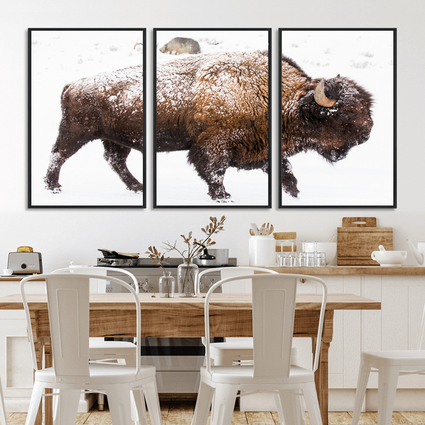 94261165-MGV-CV-36X24-Snowy Buffalo Wall Art Canvas Print, Framed Wildlife Photography Art Picture Print, Brown Tones Perfect Rustic Lodge Decor Decor