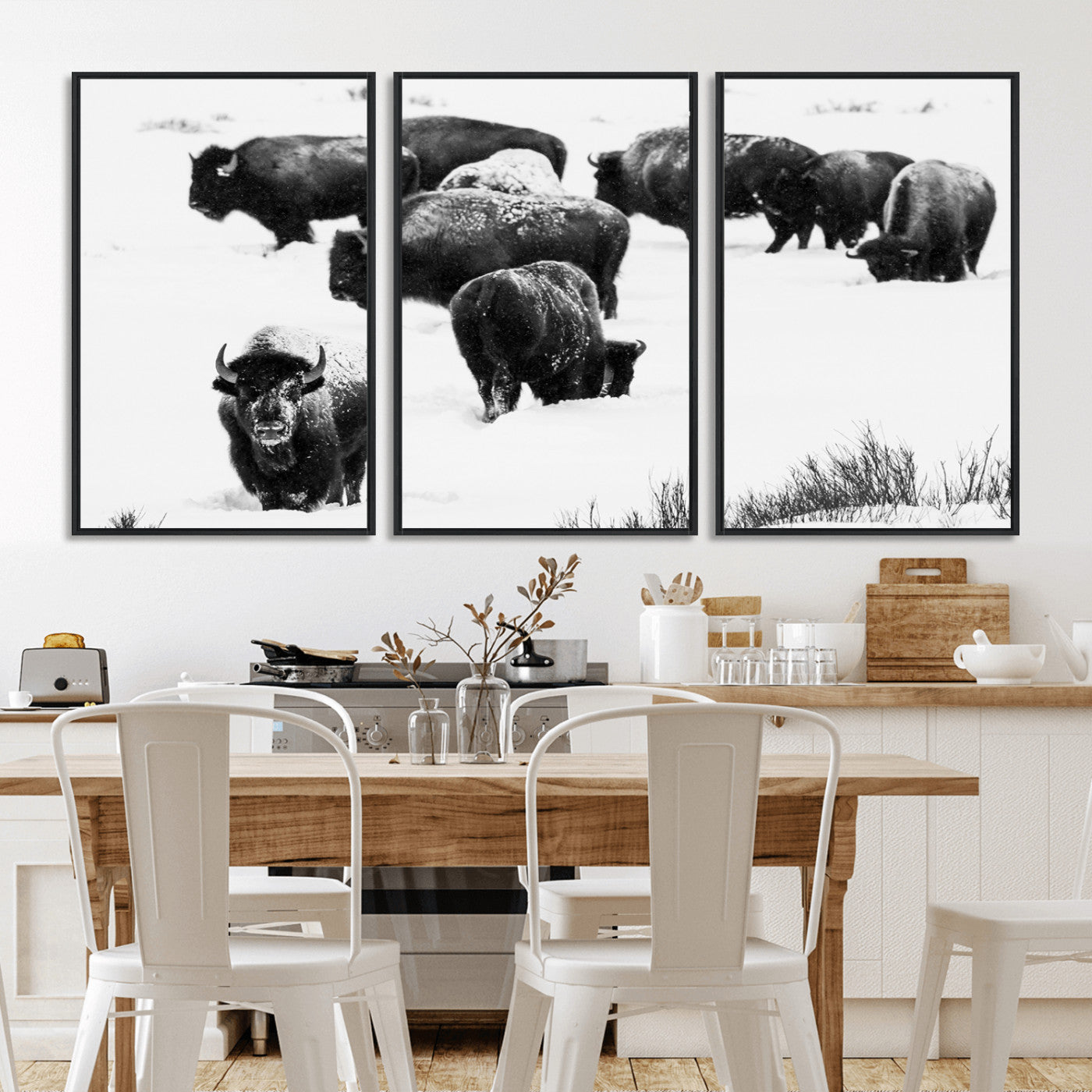 18914414-MGV-CV-36X24-Buffalo Herd Wall Art Canvas Print, Framed Black and White Art Picture Print, Snowy Landscape Perfect Rustic Lodge Decor Decor