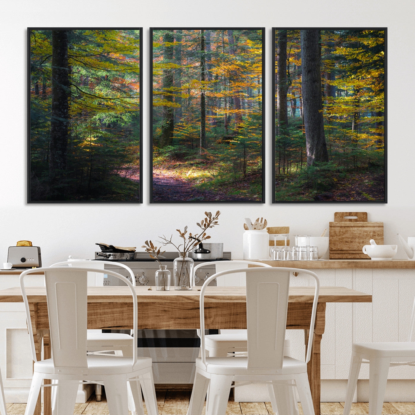 65810864-MGV-CV-36X24-Autumn Forest Wall Art Canvas Print, Framed Fall Woodland Art Picture Print, Golden Leaves Perfect Rustic Farmhouse Decor Artwork