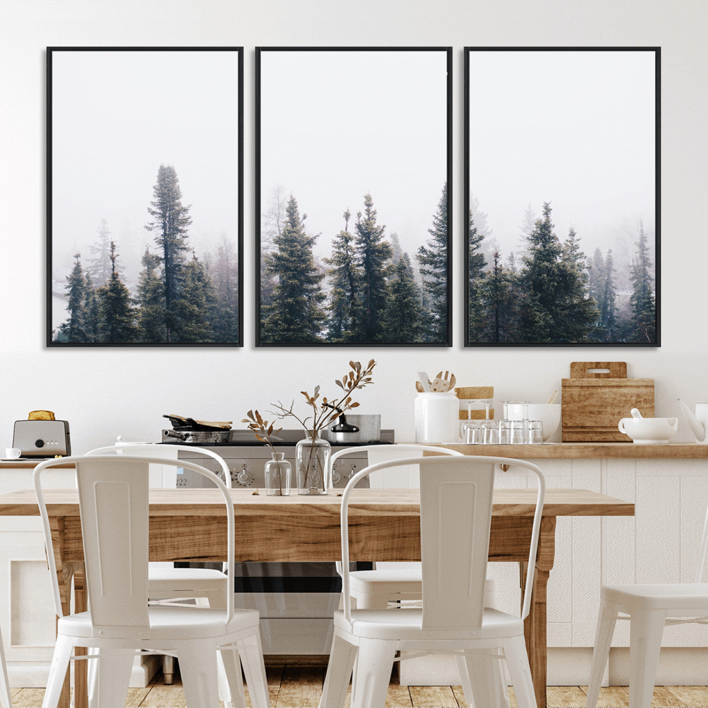 42364796-MGV-CV-36X24-Foggy Forest Wall Art Canvas Print, Framed Misty Pines Art Picture Print, Moody Woodland Perfect Scandinavian Minimalist Decor