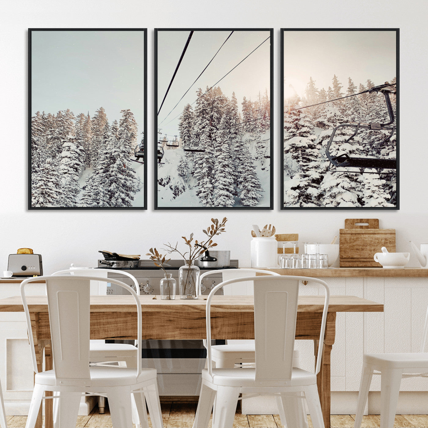 91534512-MGV-CV-36X24-Frosty Pines Wall Art Canvas Print, Framed Cozy Cabin View Art Picture Print, Ski Lift Ride Perfect Rustic Lodge Decor Artwork