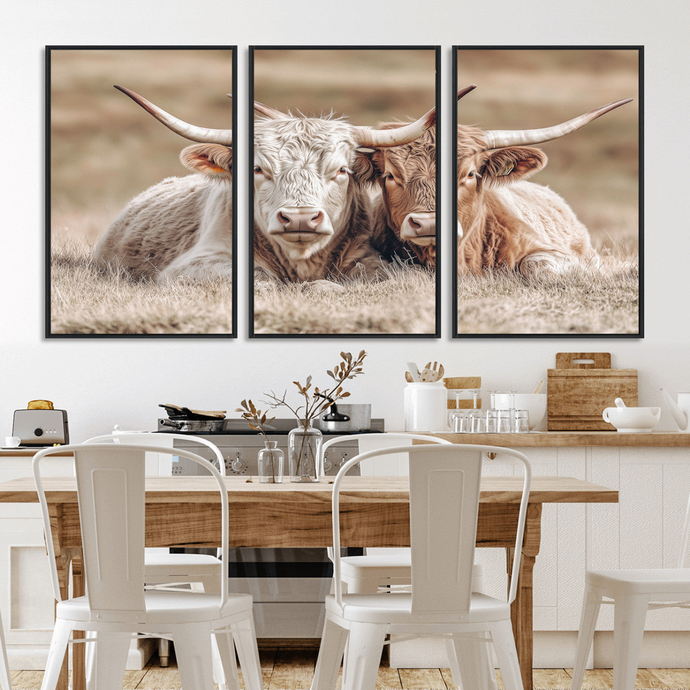 38651722-MGV-CV-36X24-Cow Wall Art – Rustic Longhorn Pair Canvas Print, Western Farmhouse Animal Painting, Country Ranch Decor for Living Room, Bedroom,