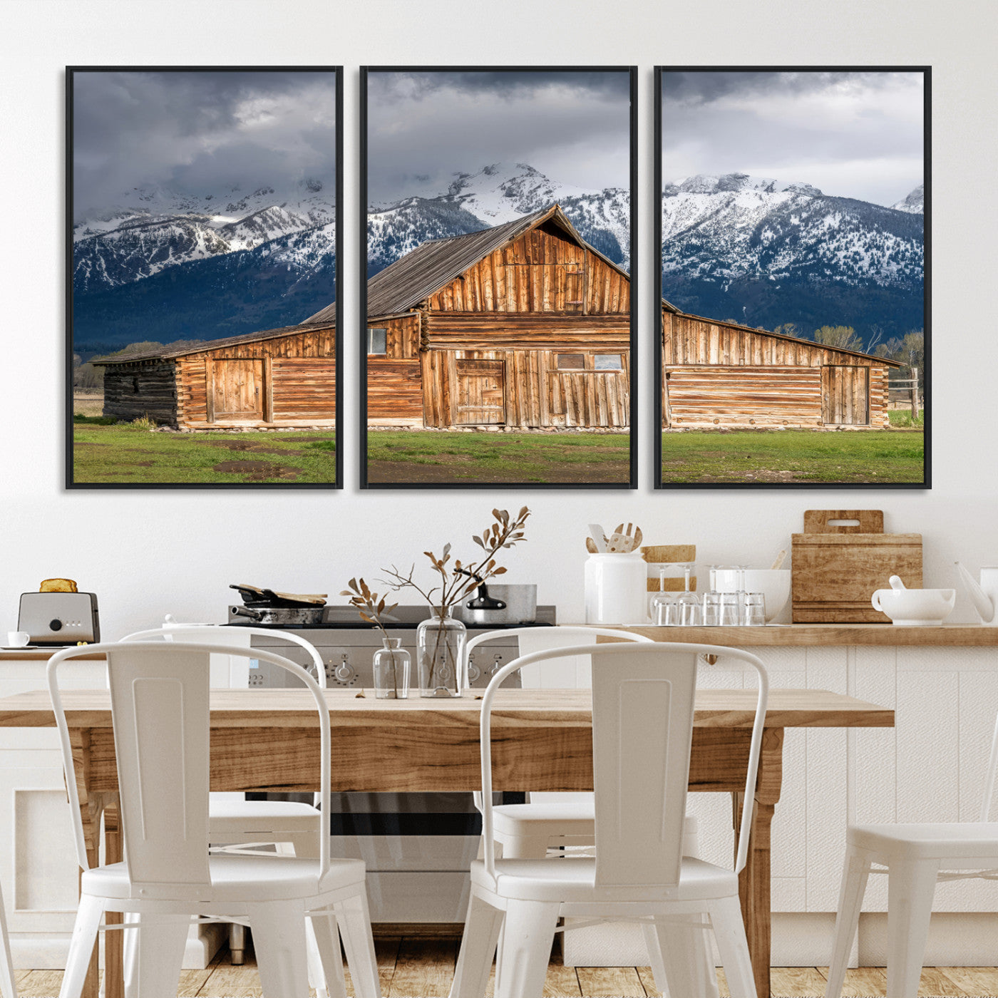 15173627-MGV-CV-36X24-Barn Wall Art – Rustic Wooden Cabin Canvas Print with Snowy Mountain Landscape, Western Farmhouse Country Decor for Living Room,