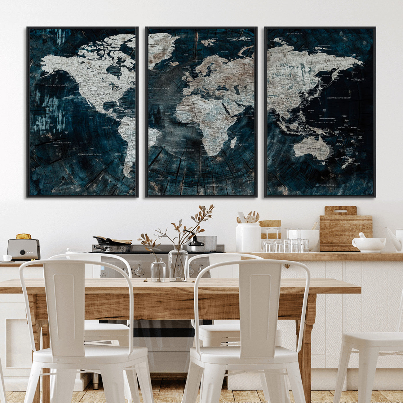 34425609-MGV-CV-36X24-World Map Wall Art – Rustic Navy and Grey Atlas Canvas Print, Distressed Explorer Map Artwork, Industrial Style Decor for Office,