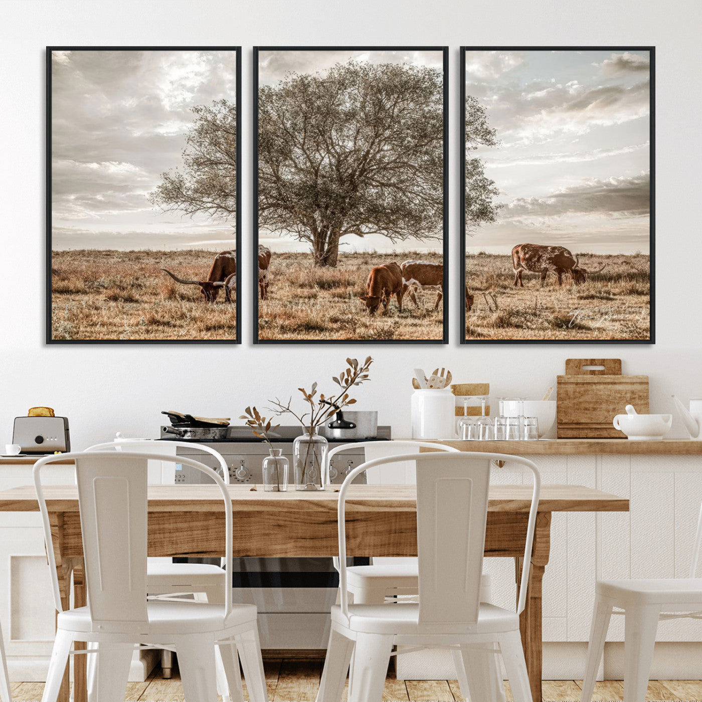 87590224-MGV-CV-36X24-Longhorn Cattle Wall Art – Rustic Western Landscape Canvas Print, Texas Farmhouse Prairie Scene for Living Room, Office, or Ranch