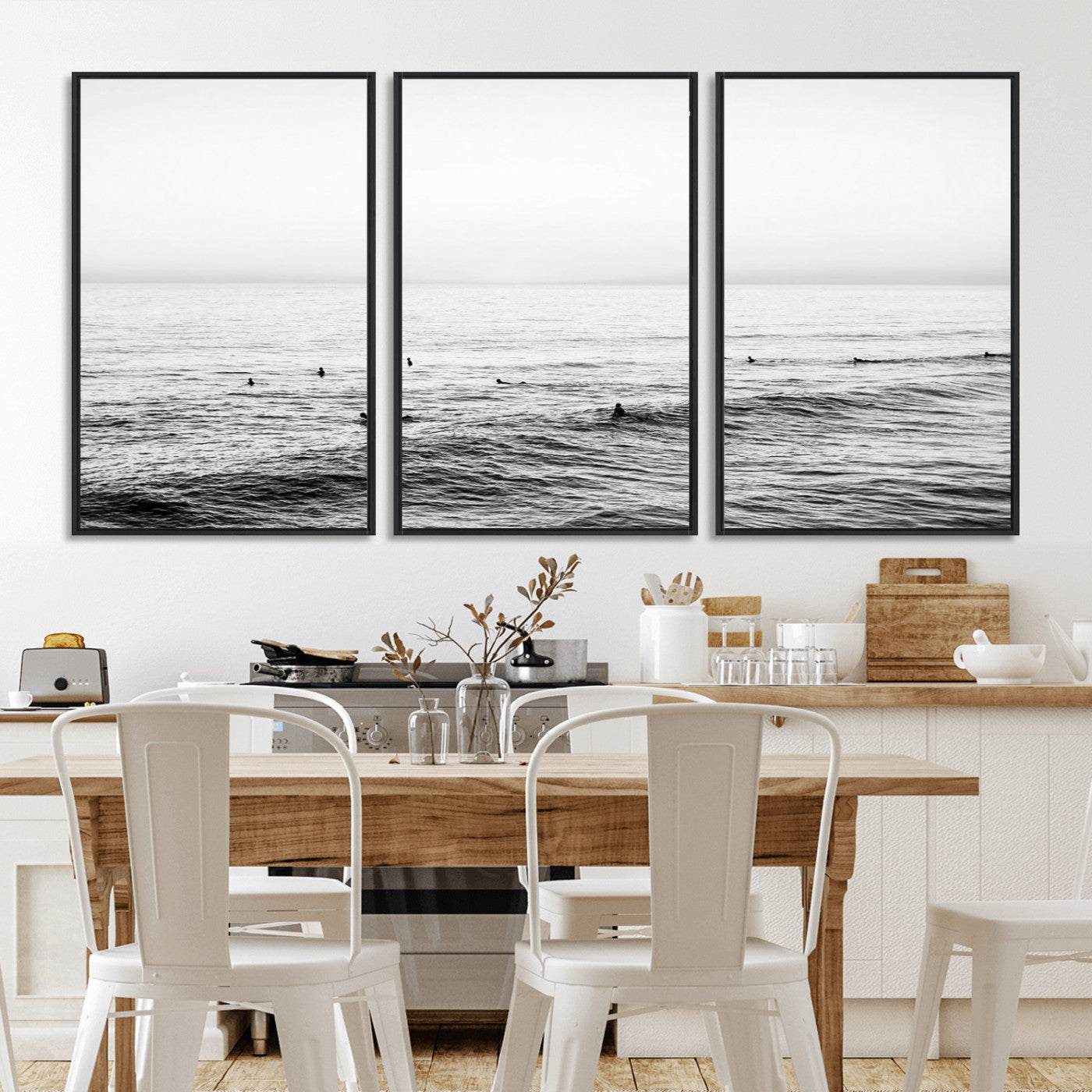 47208268-MGV-CV-36X24-Surfer Ocean Wall Art – Black and White Coastal Canvas Print, Minimalist Surfing Seascape Decor for Living Room, Bedroom, or Beach