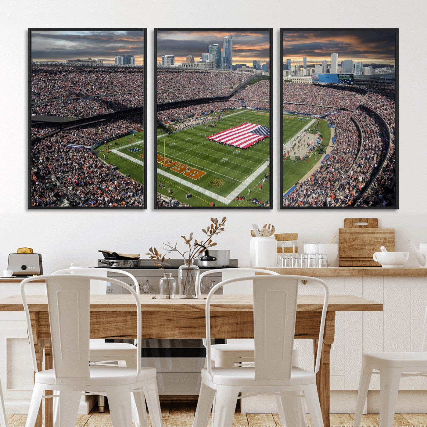 98106777-MGV-CV-36X24-Soldier Field Wall Art – Chicago Bears Stadium Canvas Print with American Flag, Game Day Football Decor for Man Cave, Bar, or