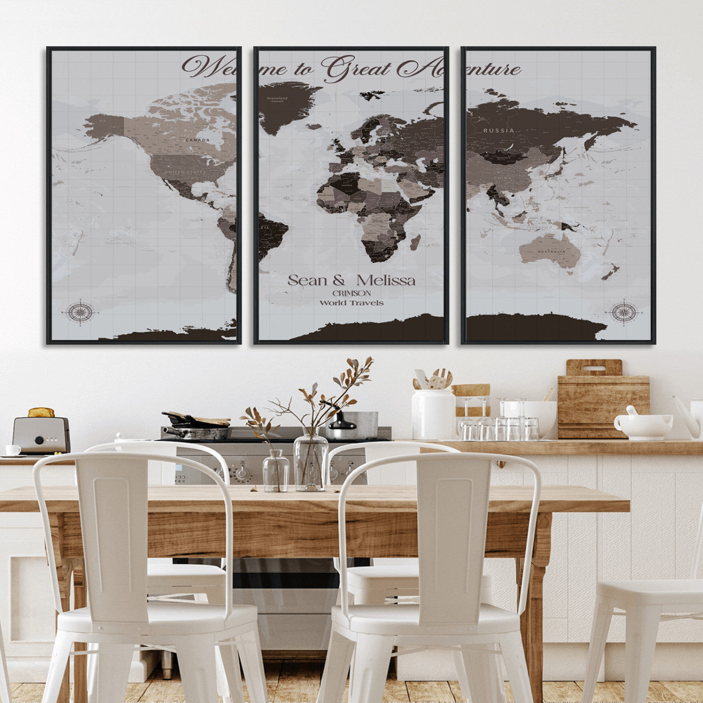43749658-MGV-CV-36X24-Welcome to Great Adventure World Map Wall Art – Charcoal Gray Canvas Print, Rustic Travel Decor for Living Room, Study, Office or