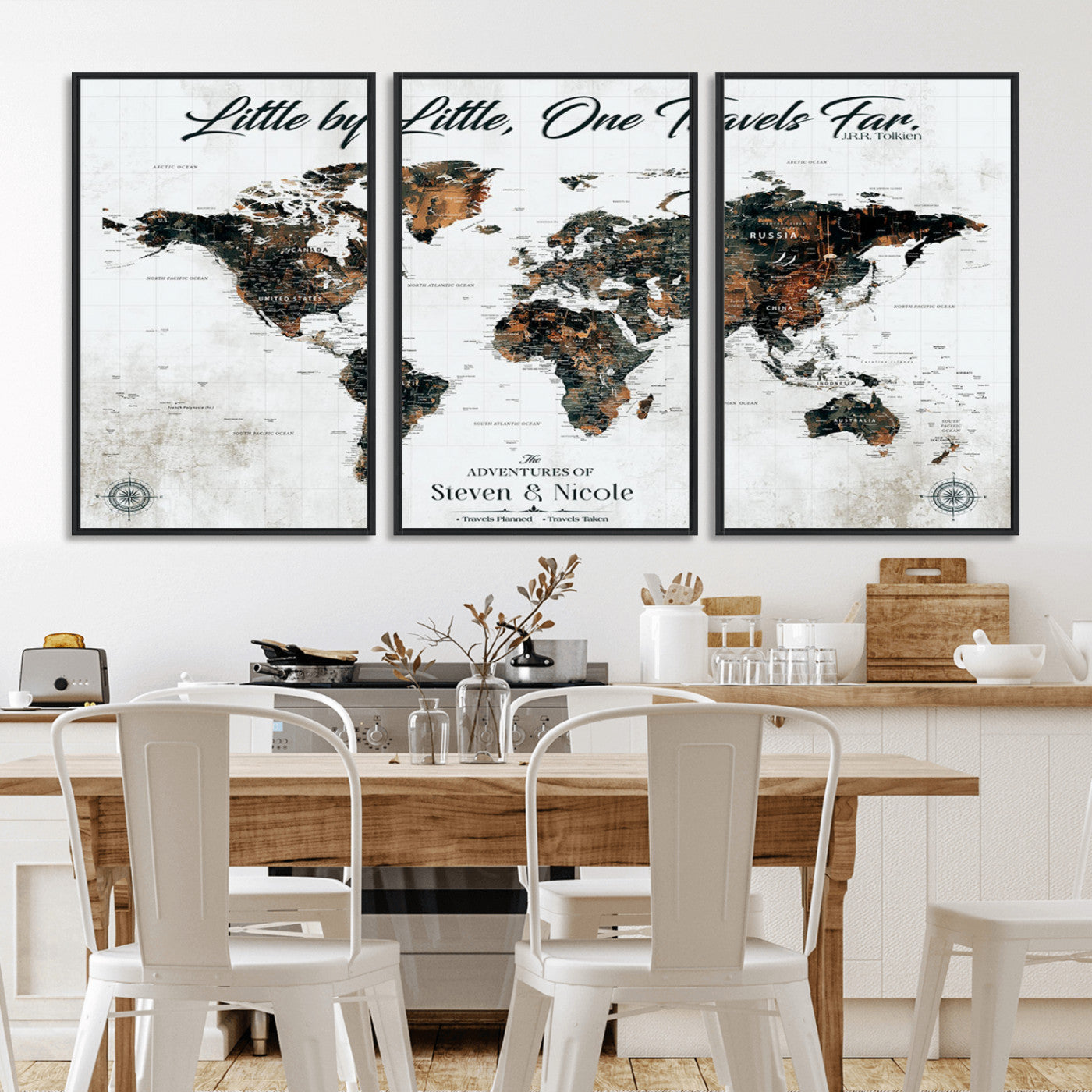 88337180-MGV-CV-36X24-Little by Little One Travels Far Tolkien Quote World Map Rustic Black Brown Adventure Wall Art Canvas Print for Home Office Living
