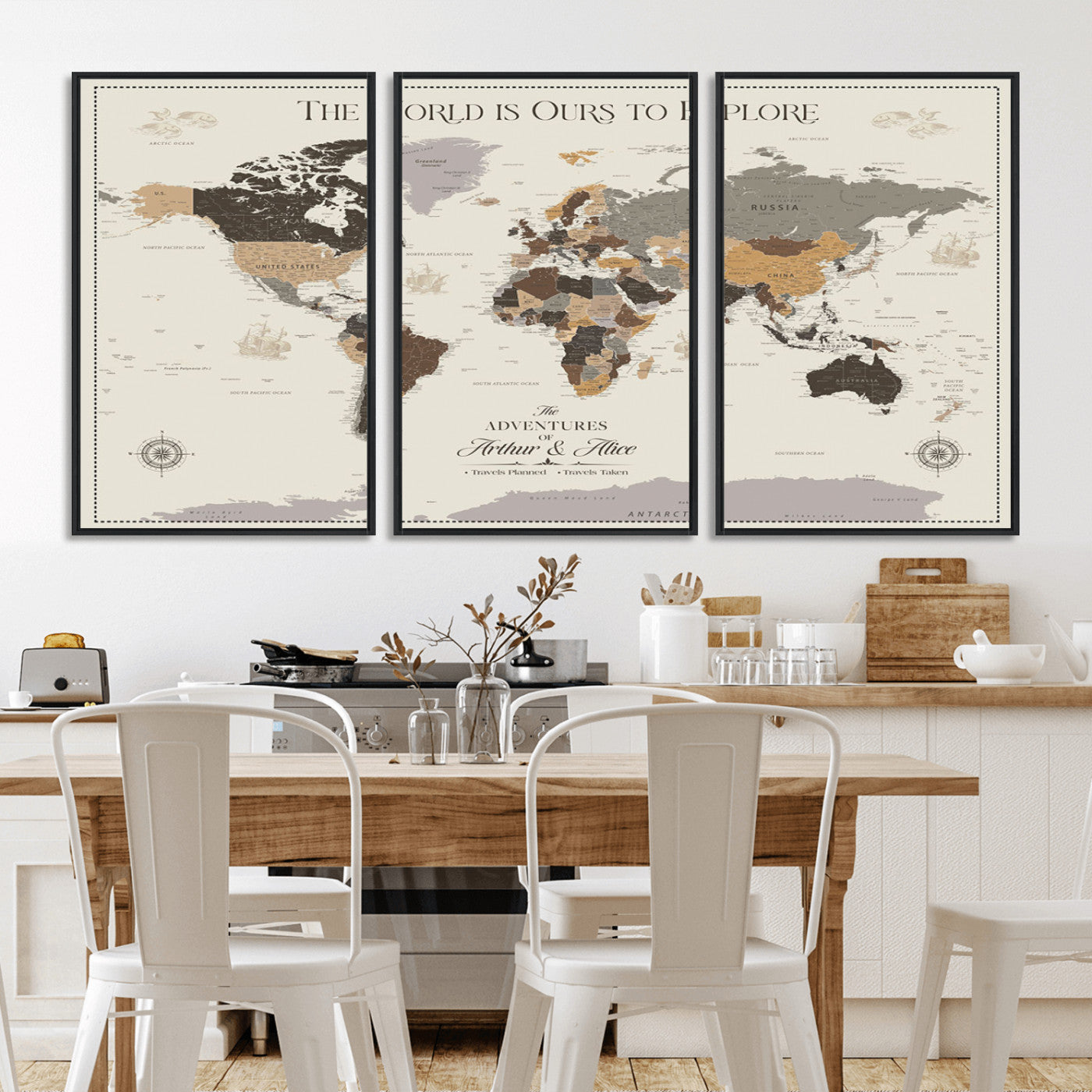 90024882-MGV-CV-36X24-The World is Ours to Explore Wall Art – Earth Tone World Map Canvas Print, Adventure Travel Decor for Living Room, Office or