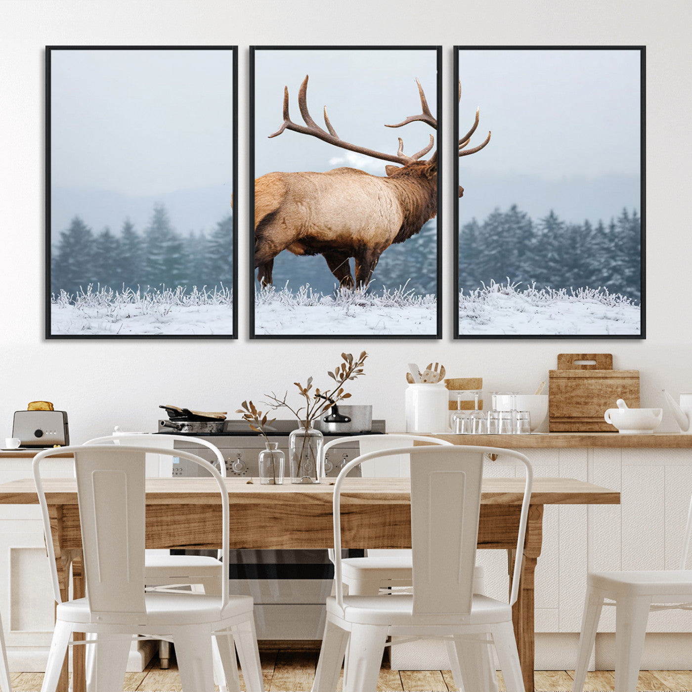 85177251-MGV-CV-36X24-Elk Wall Art – Majestic Wildlife Canvas Print of Bull Elk Snowy Forest, Rustic Nature Decor for Living Room, Cabin, or Office