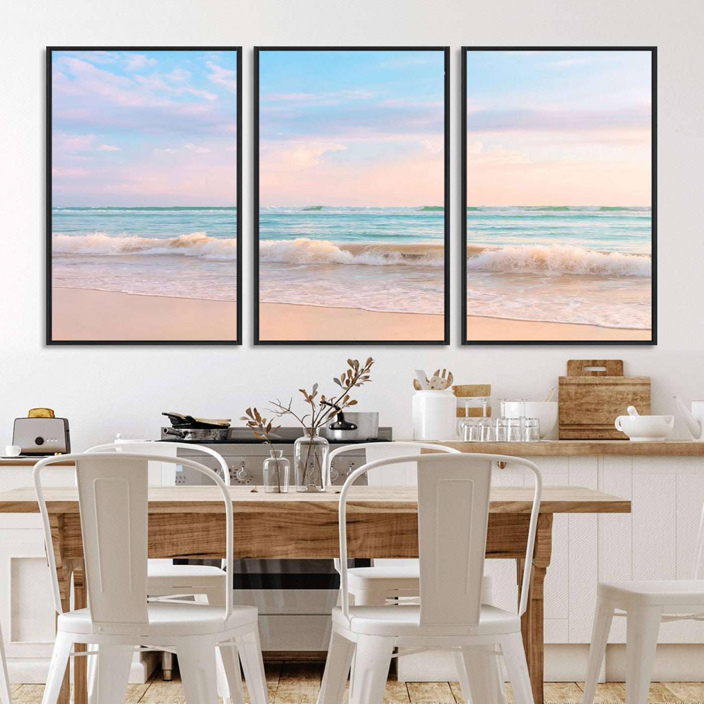 88024944-MGV-CV-36X24-Beach Landscape Wall Art – Coastal Ocean Canvas Print with Gentle Waves and Pastel Sky, Serene Seascape Photography for Living