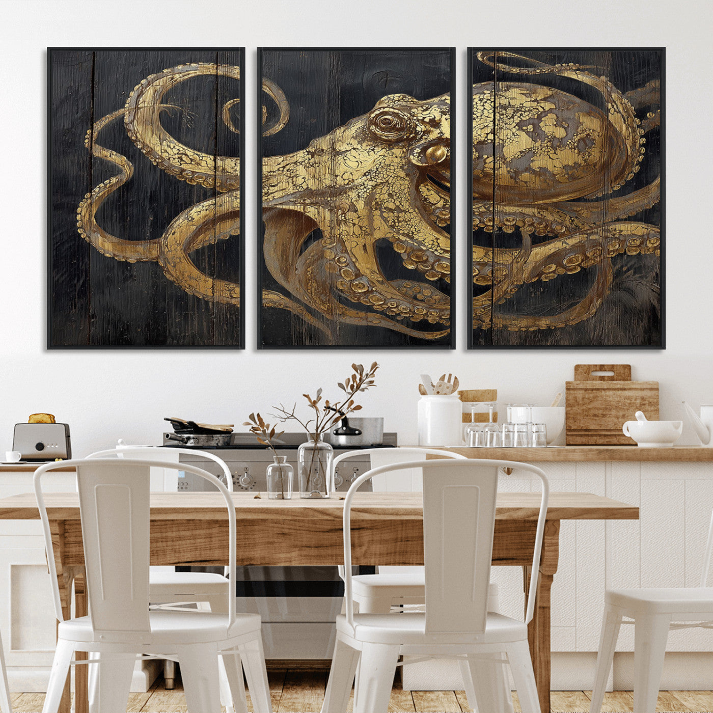 47056538-MGV-CV-36X24-Octopus Wall Art – Gold Nautical Canvas Print with Rustic Wood Texture, Marine Creature Artwork for Coastal Ocean Decoration in