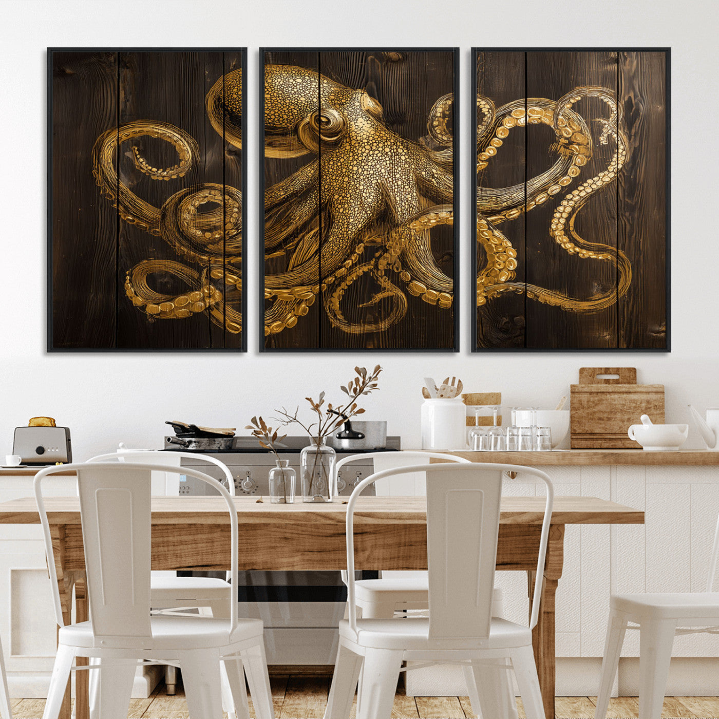 56769669-MGV-CV-36X24-Octopus Wall Art – Gold Nautical Canvas Print with Rustic Wood Panel Design, Detailed Marine Artwork for Coastal Ocean Decoration