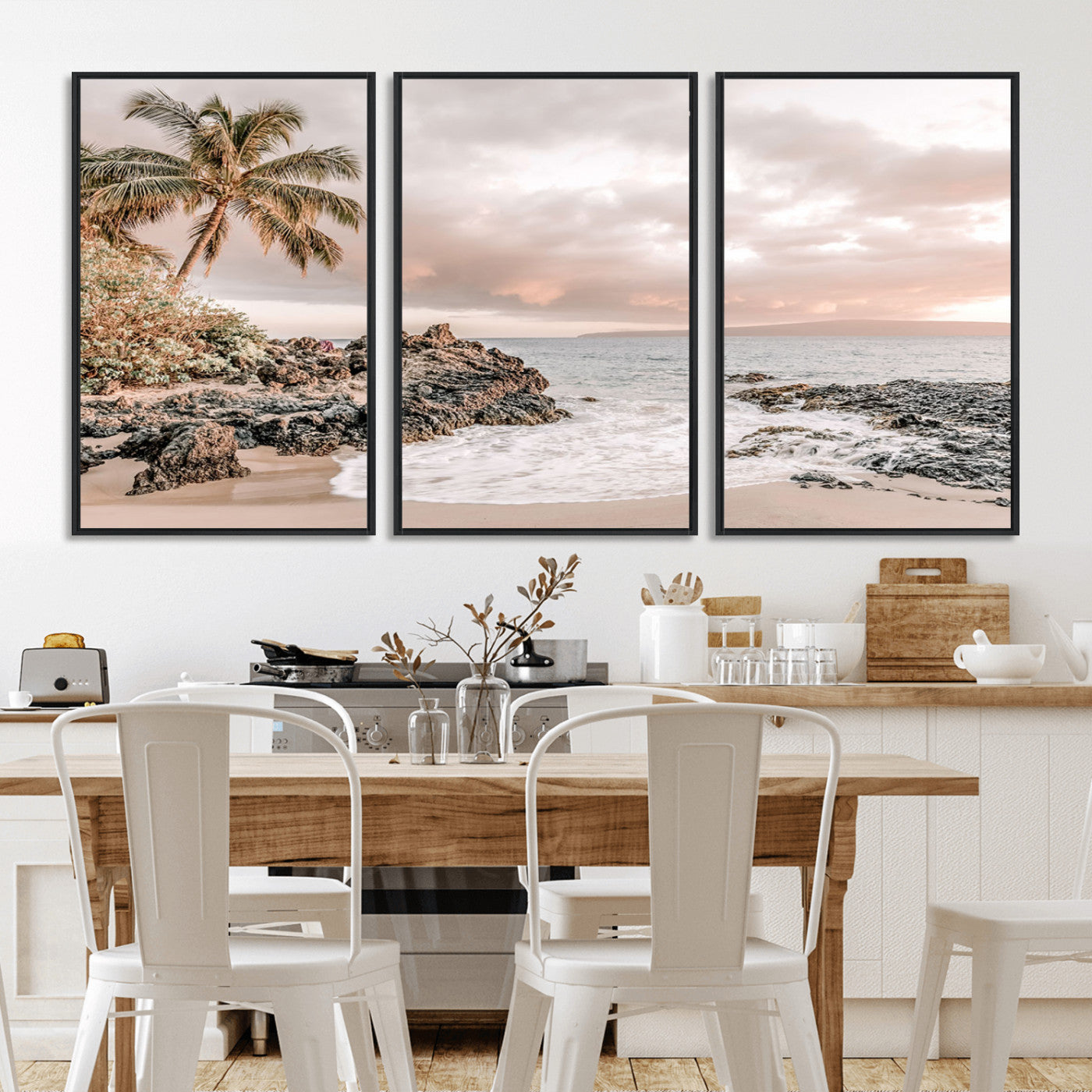 18005328-MGV-CV-36X24-Tropical Beach Wall Art – Coastal Ocean Canvas Print with Palm Tree, Sunset Sky and Rocky Shore, Serene Seascape Photography for