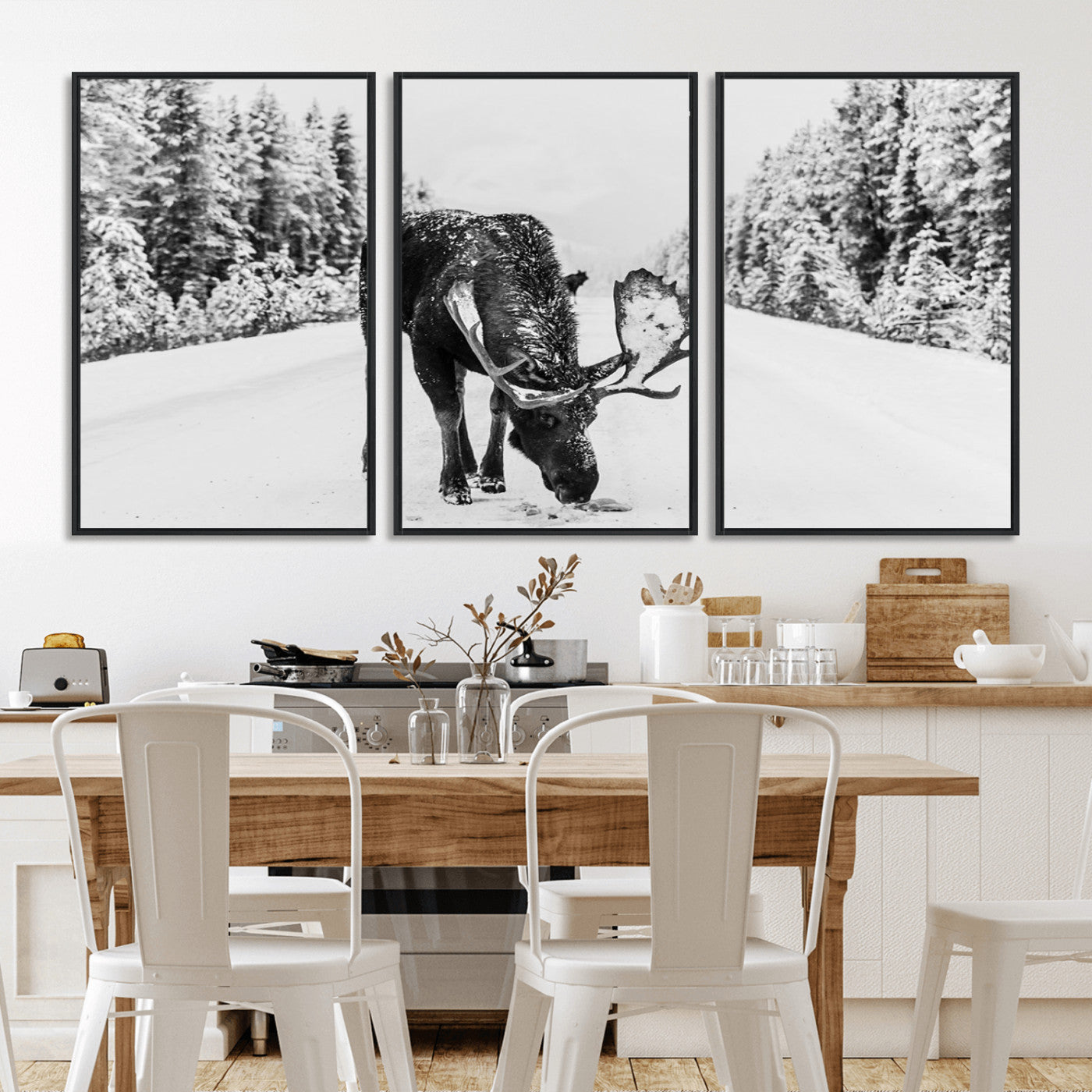 38956835-MGV-FC-60X30-3P_Black-Moose Winter Snowy Forest Canvas Wall Art – Wildlife Nature, Antlers in Frozen Landscape, Quiet Path, Cold Season Outdoors Print