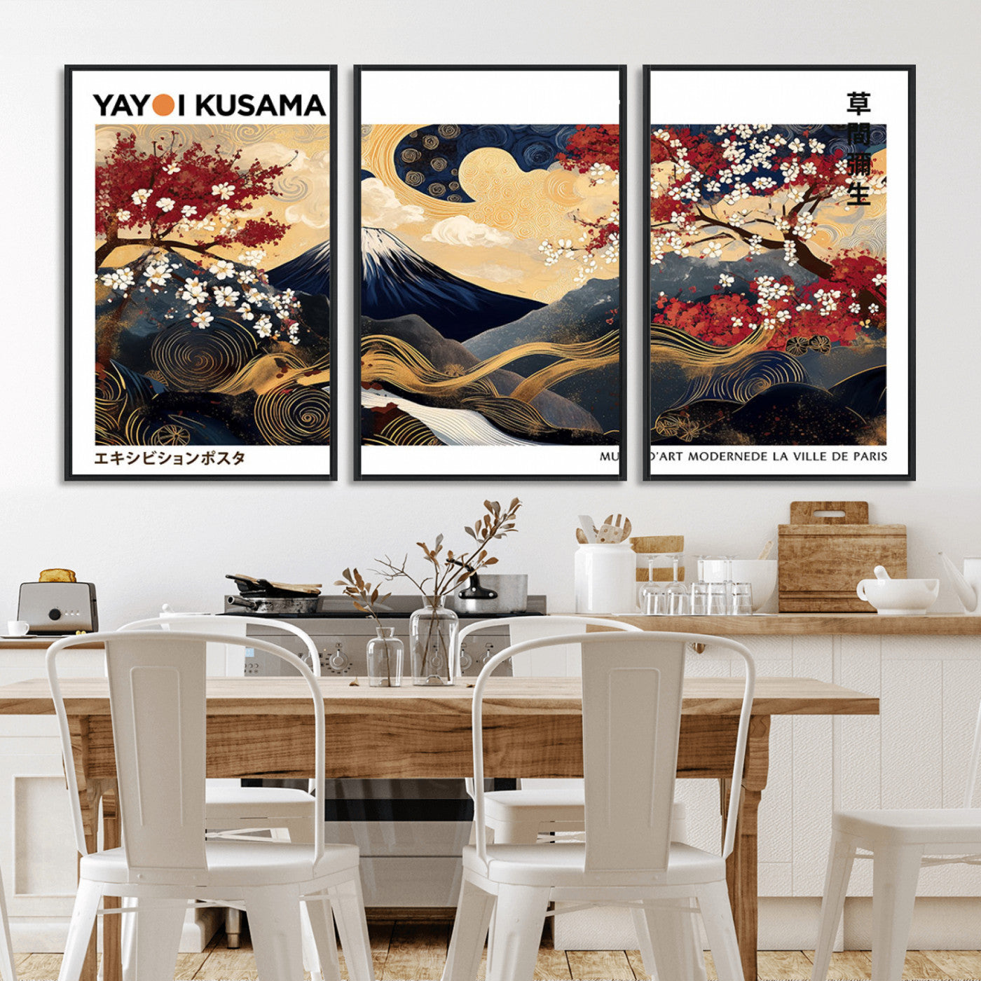 28945903-MGV-FC-60X30-3P_Black-Yayoi Kusama Inspired Japanese Art Canvas Print – Framed Floral & Mt. Fuji Wall Decor, Modern Asian Style Canvas for Home, Office,