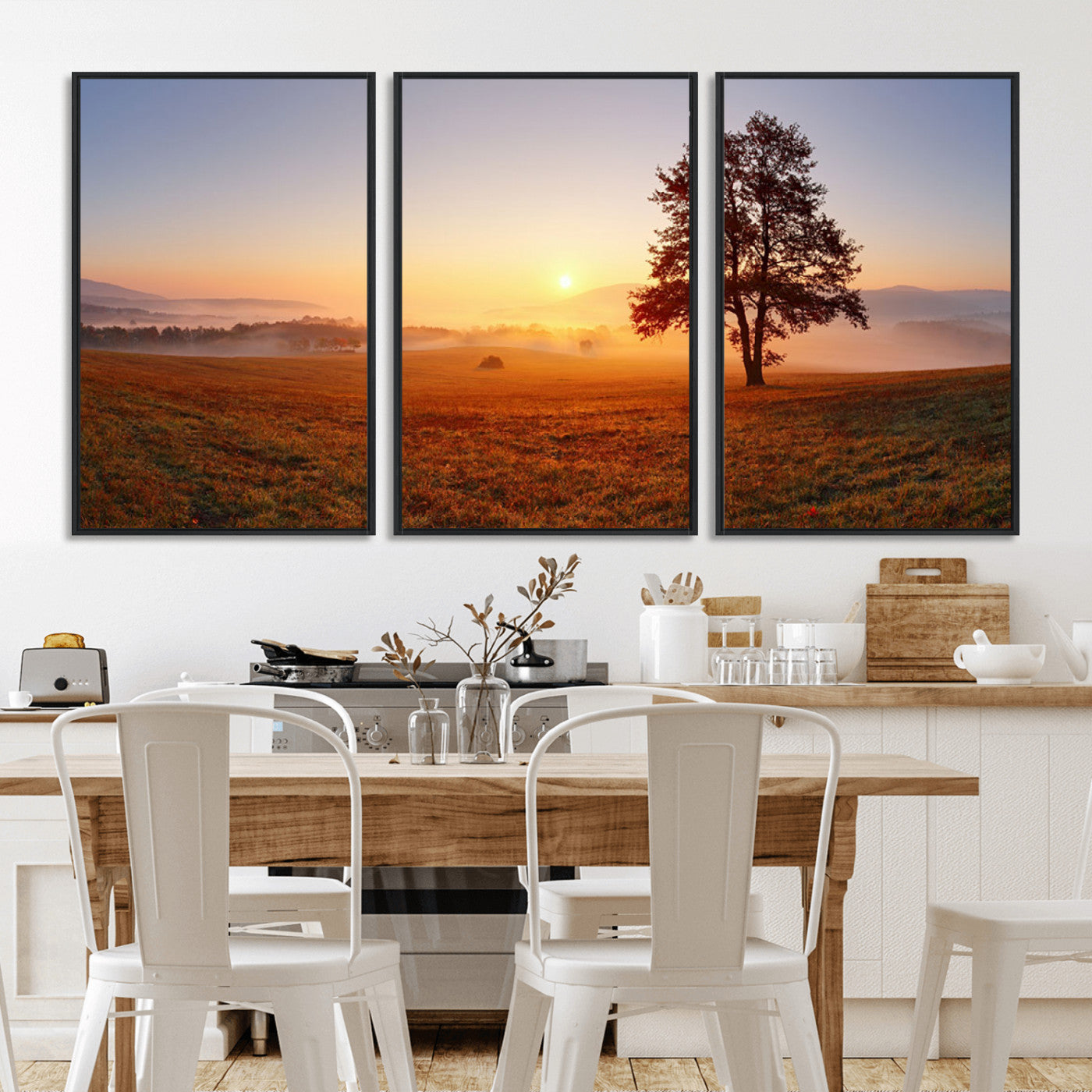 57919623-MGV-CV-36X24-Sunrise Landscape Wall Art – Golden Morning Canvas Print with Tree, Misty Hills and Open Field, Peaceful Nature Photography for
